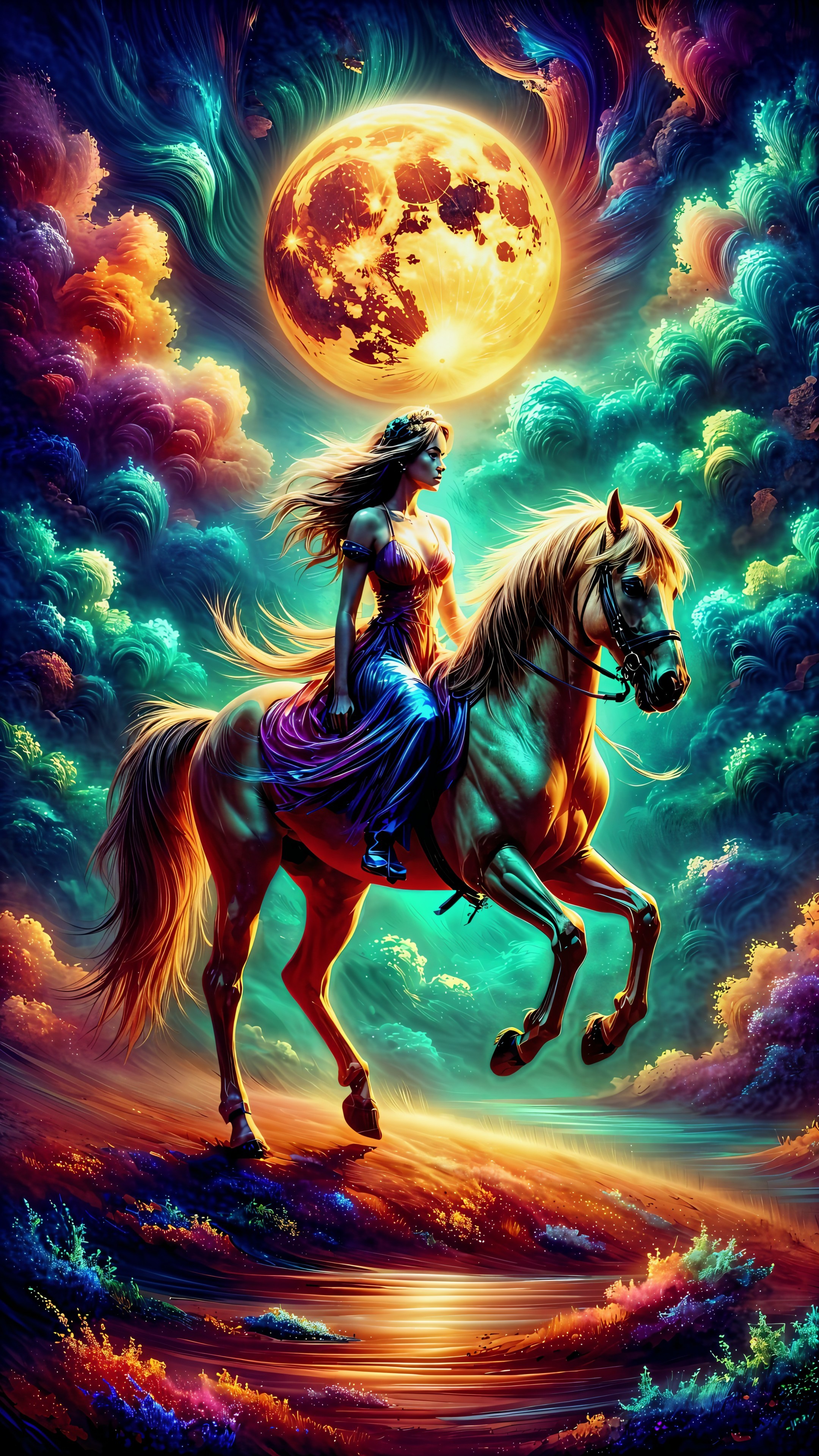 Majestic Woman on Horse Amidst Vibrant Clouds and Moon