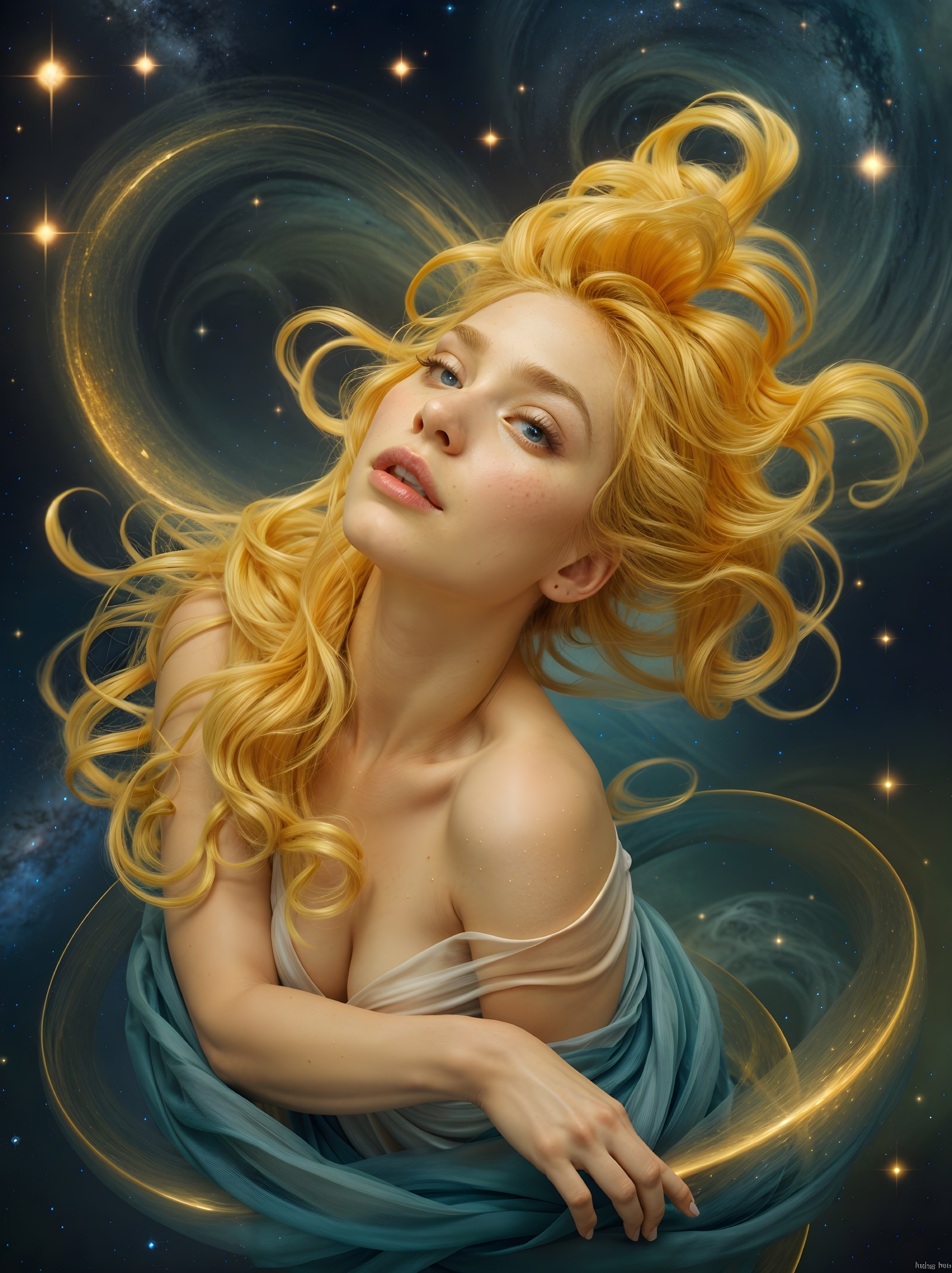 Ethereal figure with golden hair in cosmic backdrop