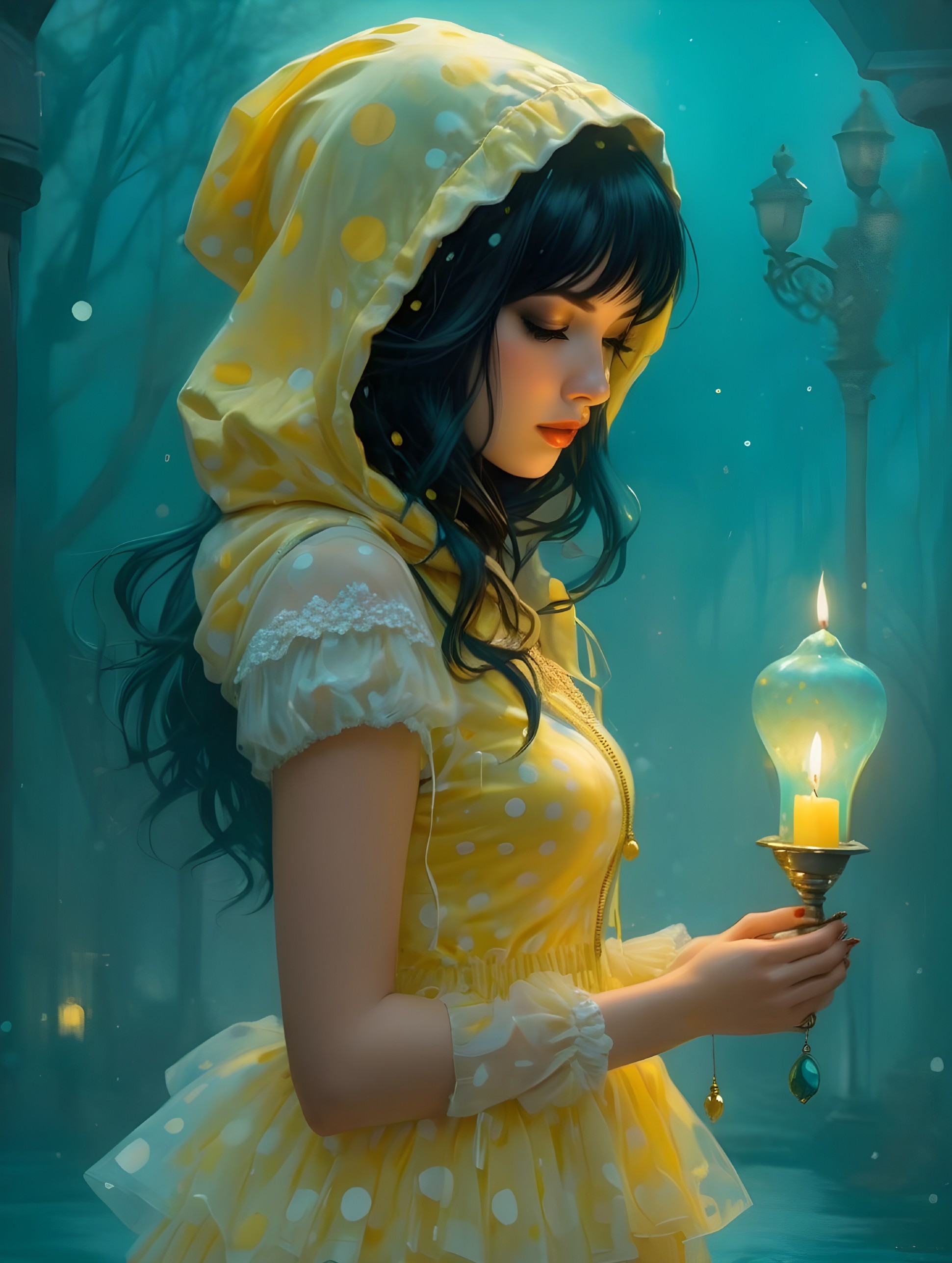 Whimsical Girl in Yellow Polka Dot Dress in Foggy Setting
