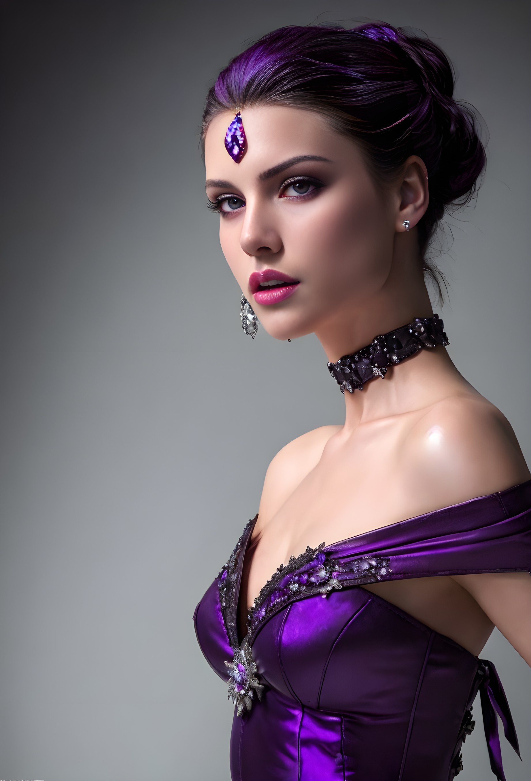 Elegant Woman in Rich Purple Dress with Embellishments
