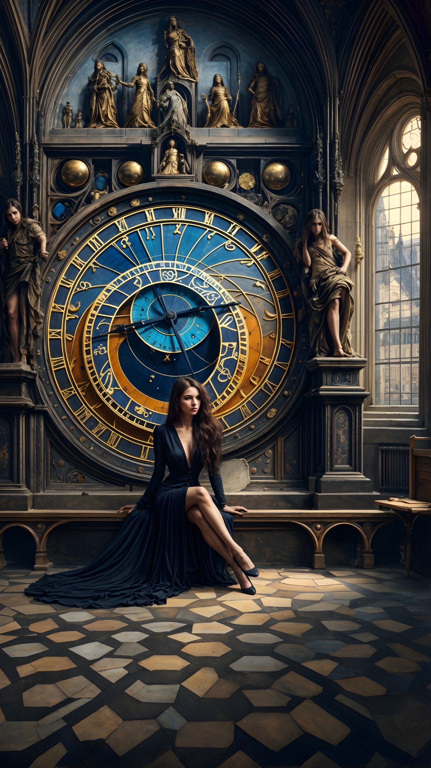 Gothic Scene with Woman and Ornate Clock Details