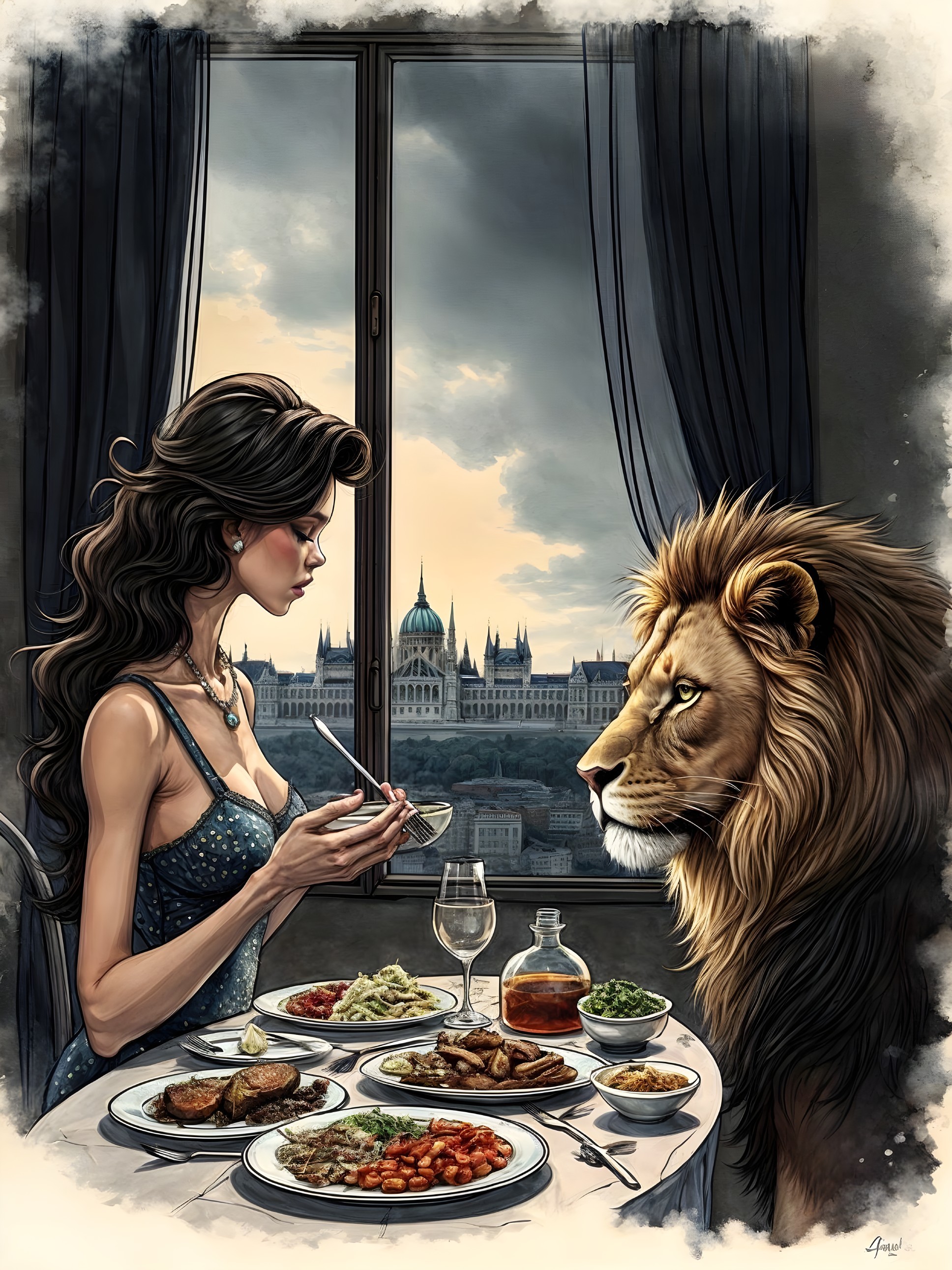 Elegant Dinner Scene with Woman and Lion at Table