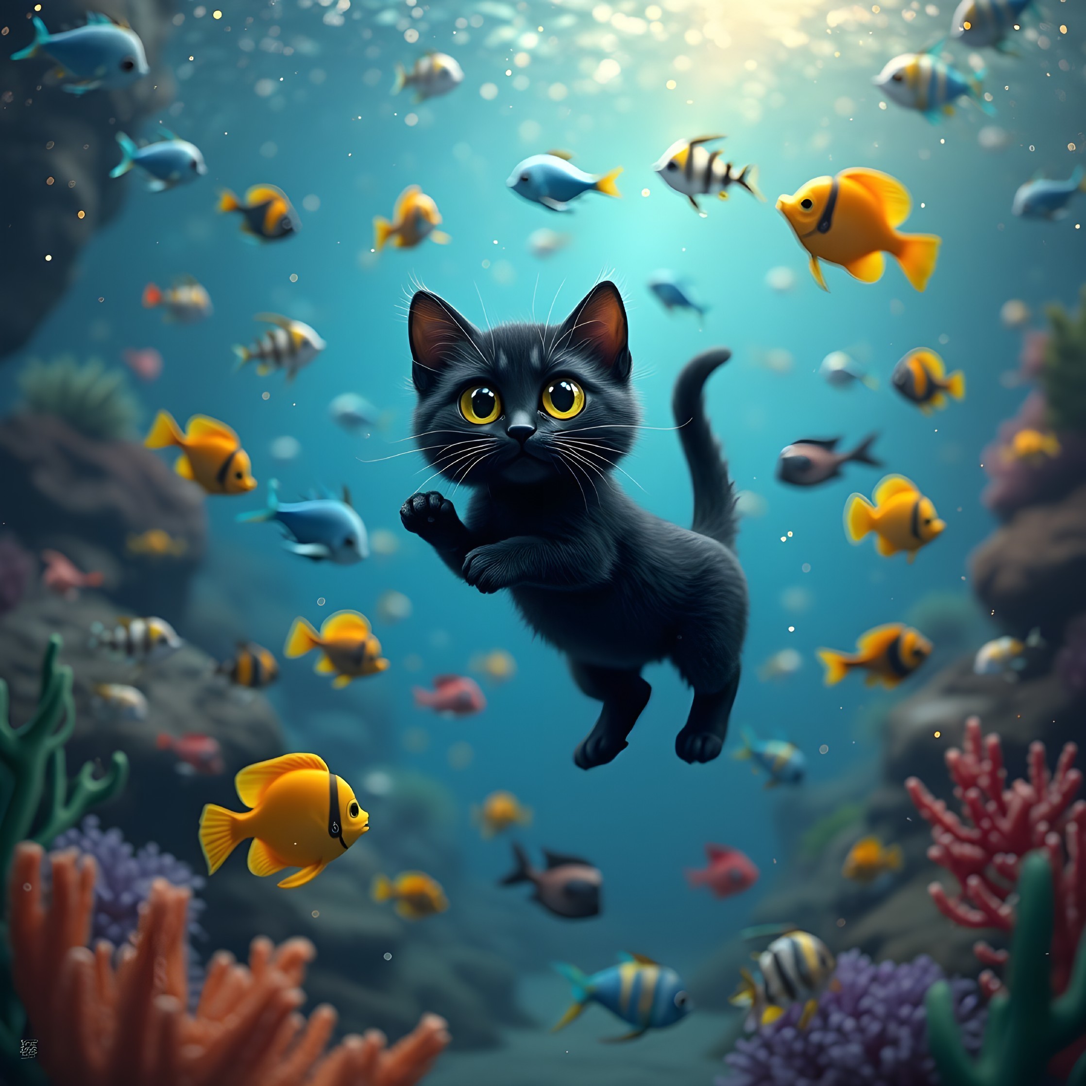 Underwater Scene with Cat and Colorful Fish