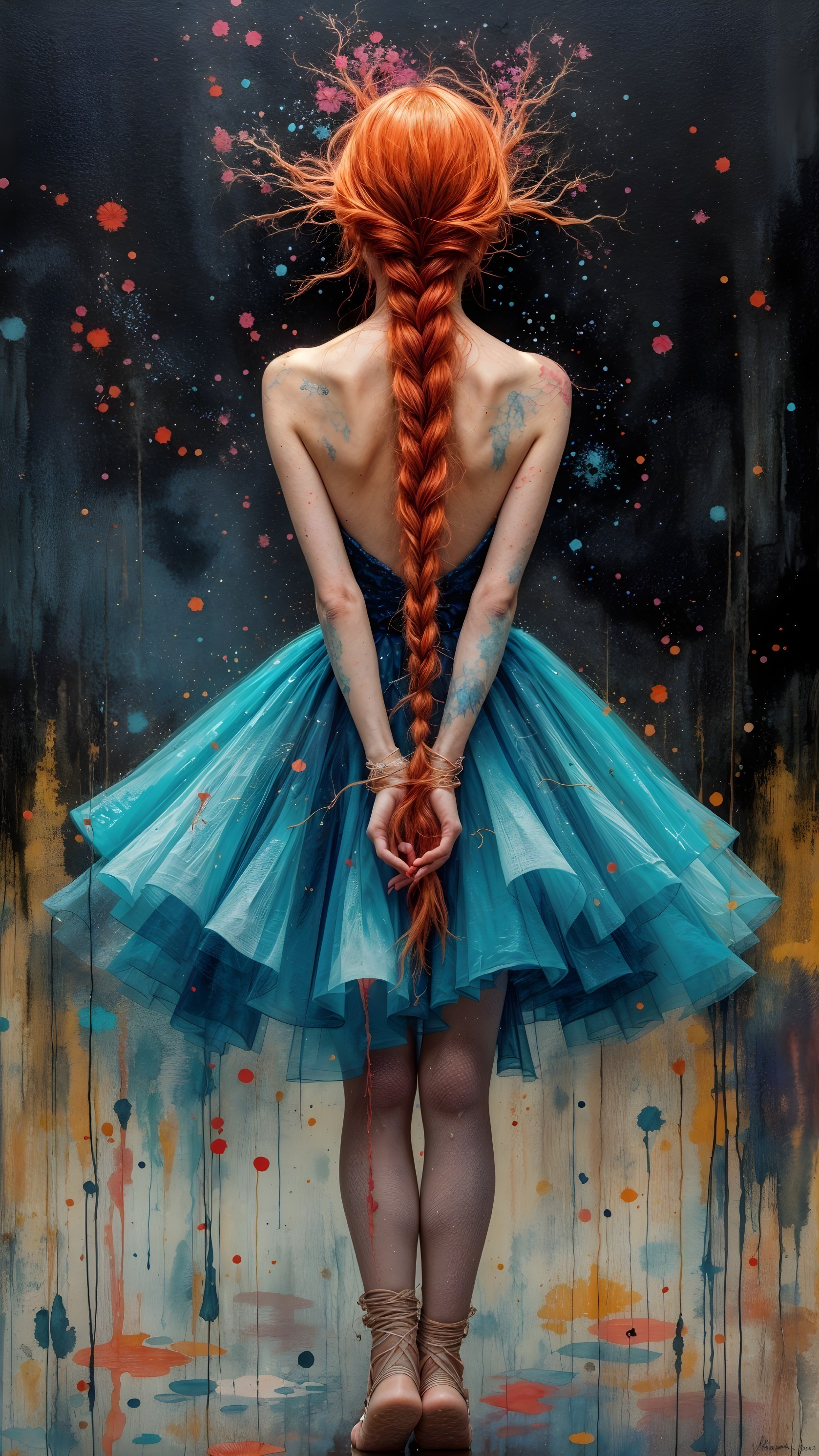 Figure with Orange Braid in Colorful Dress and Abstract Background