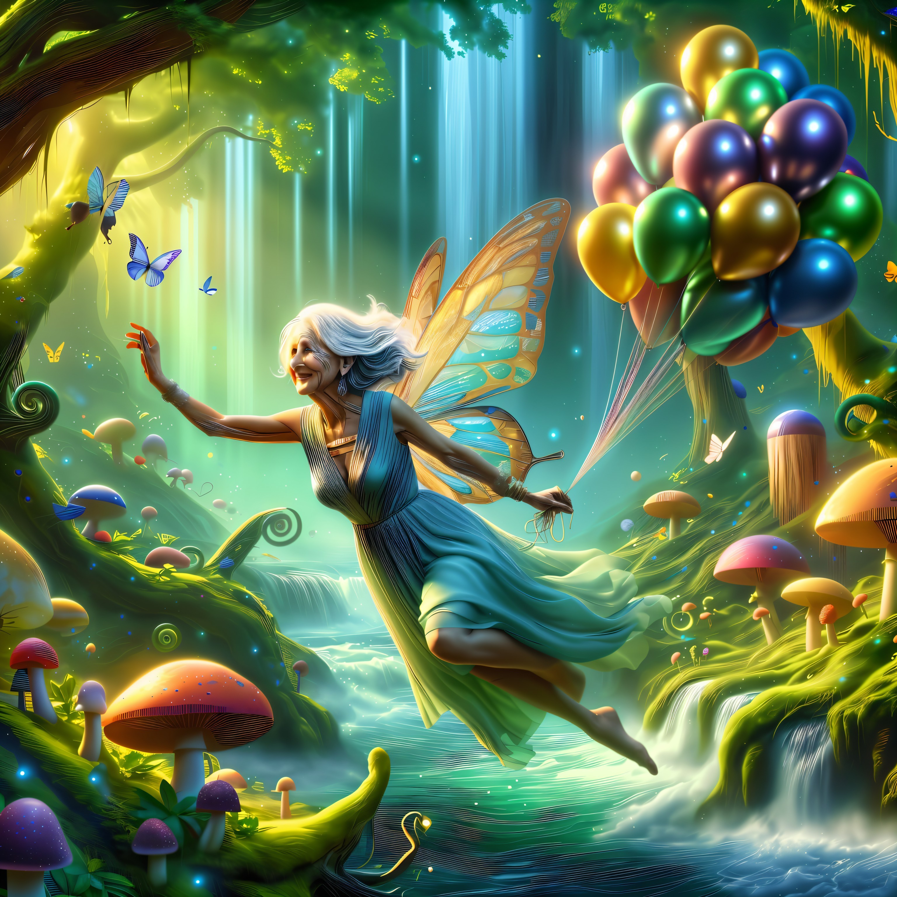 Joyful fairy in magical forest with colorful balloons