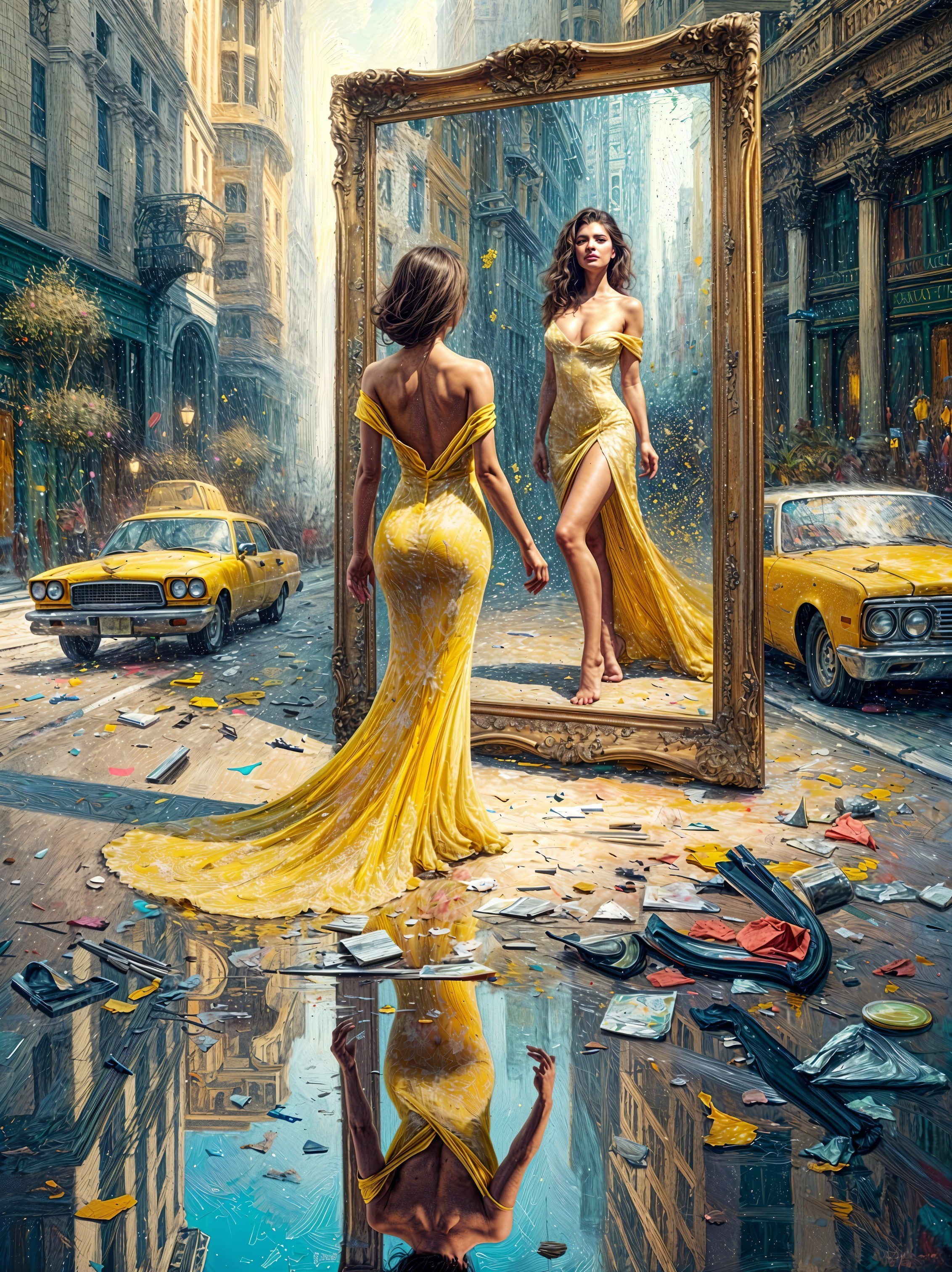 Woman in Yellow Gown Reflects in City Mirror Scene