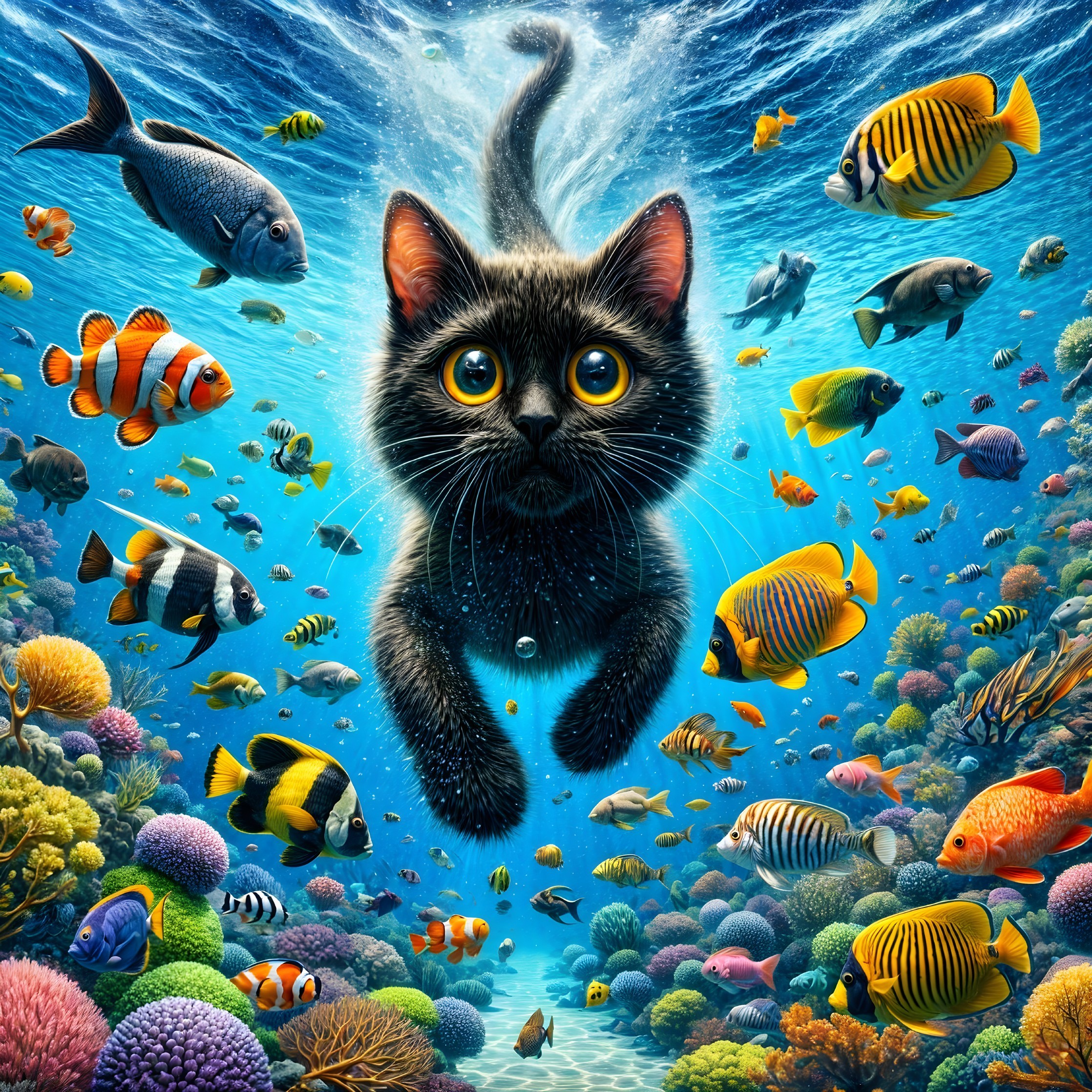 Black Cat Swimming in Colorful Underwater Ecosystem
