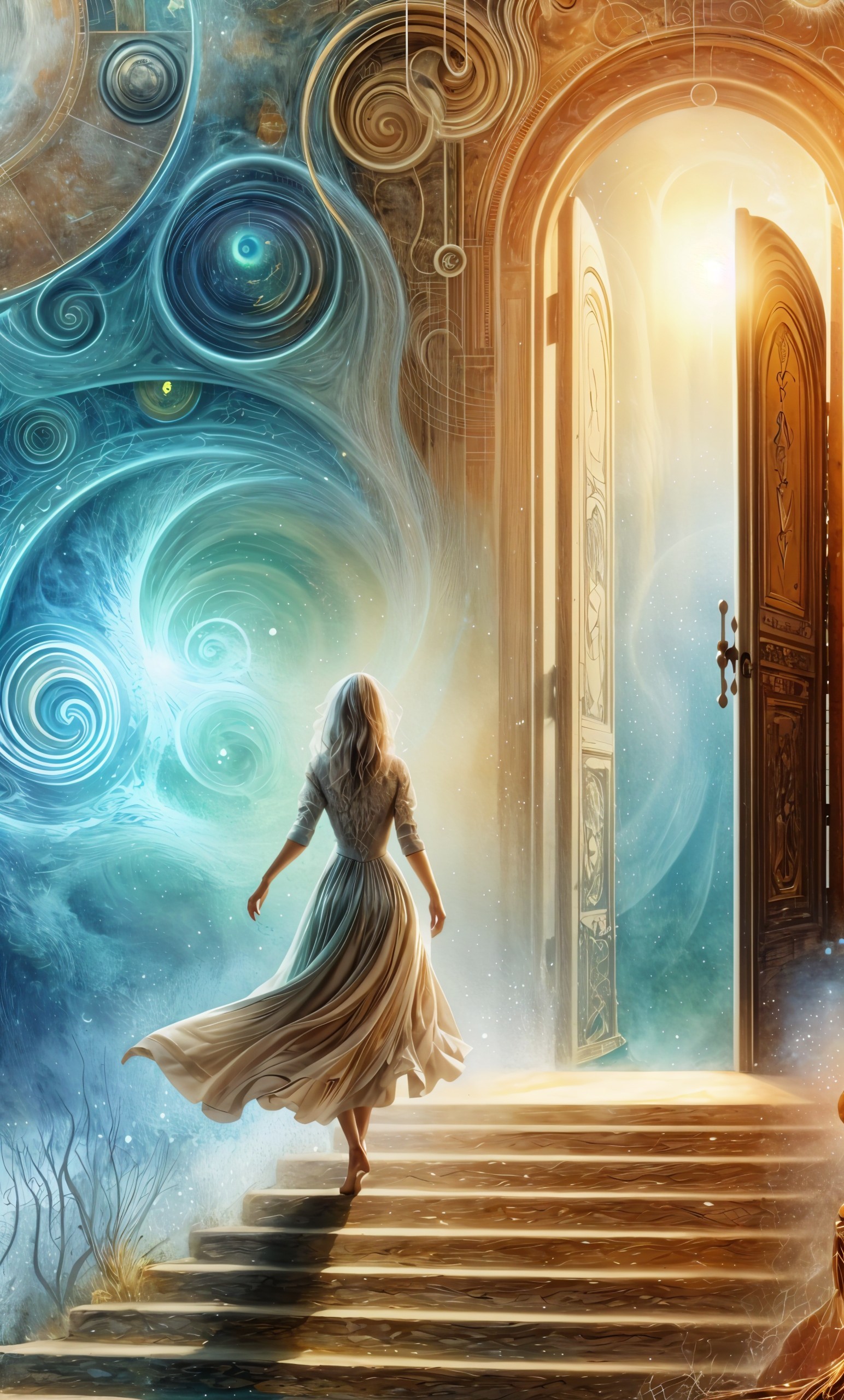 Serene Figure Approaching Mystical Open Doorway