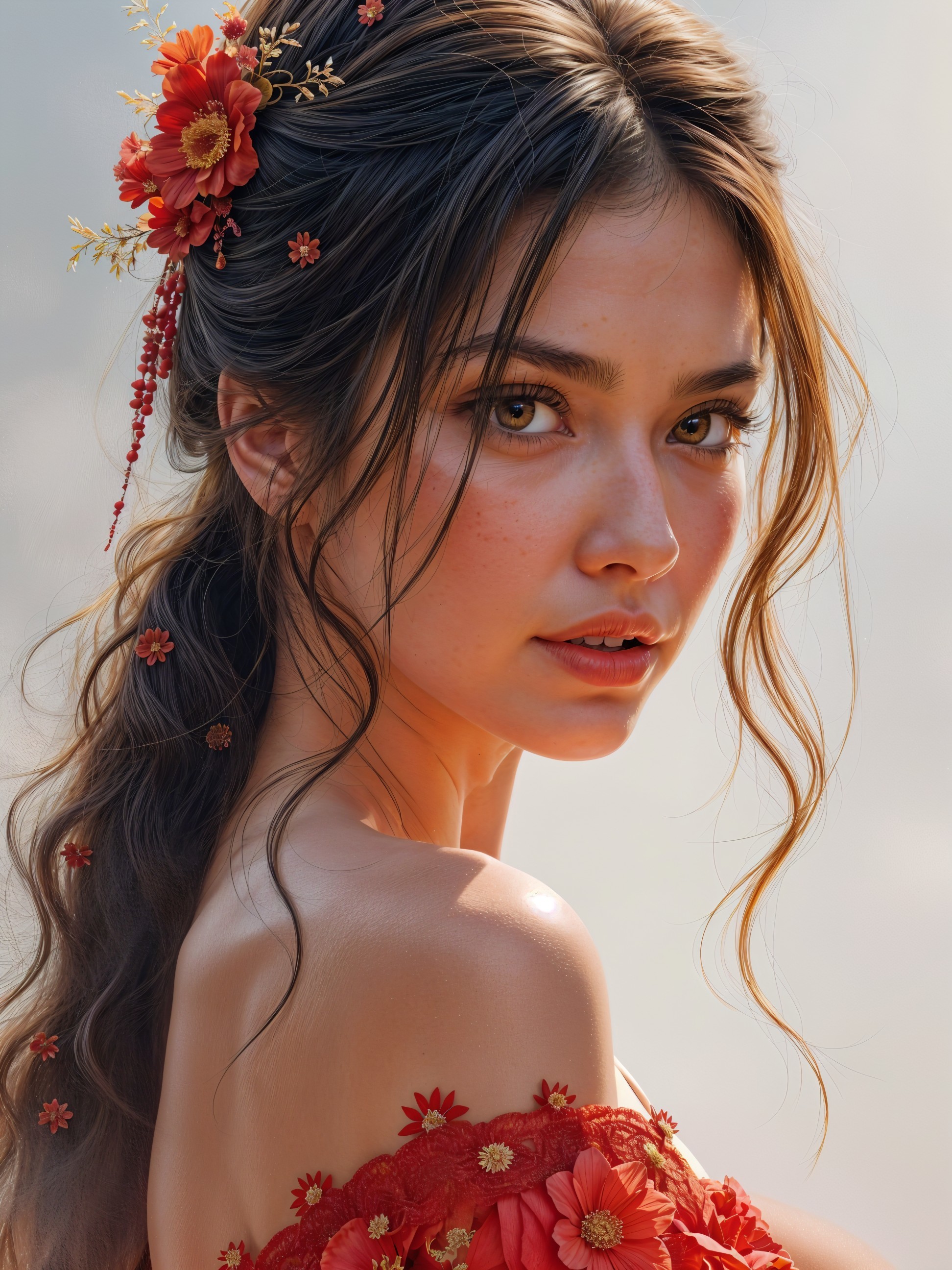 Young woman with floral dress and cascading hair