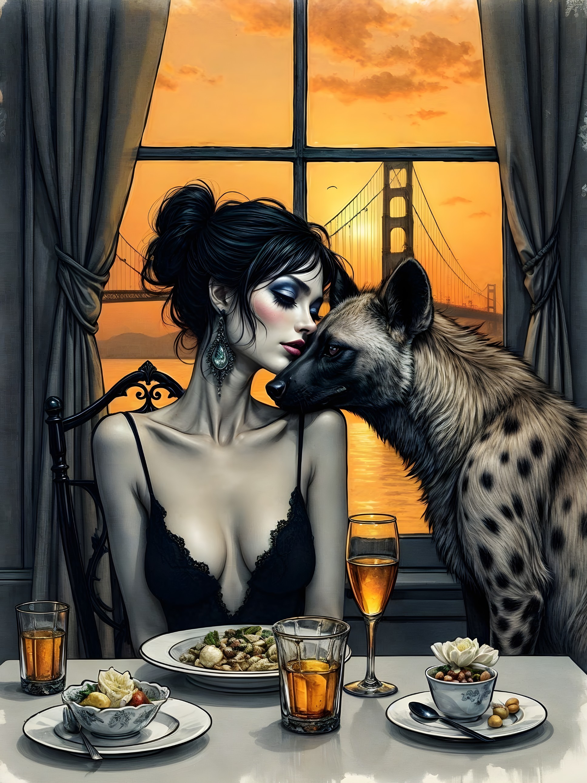 Woman and Hyena in Dimly Lit Dining Room Setting