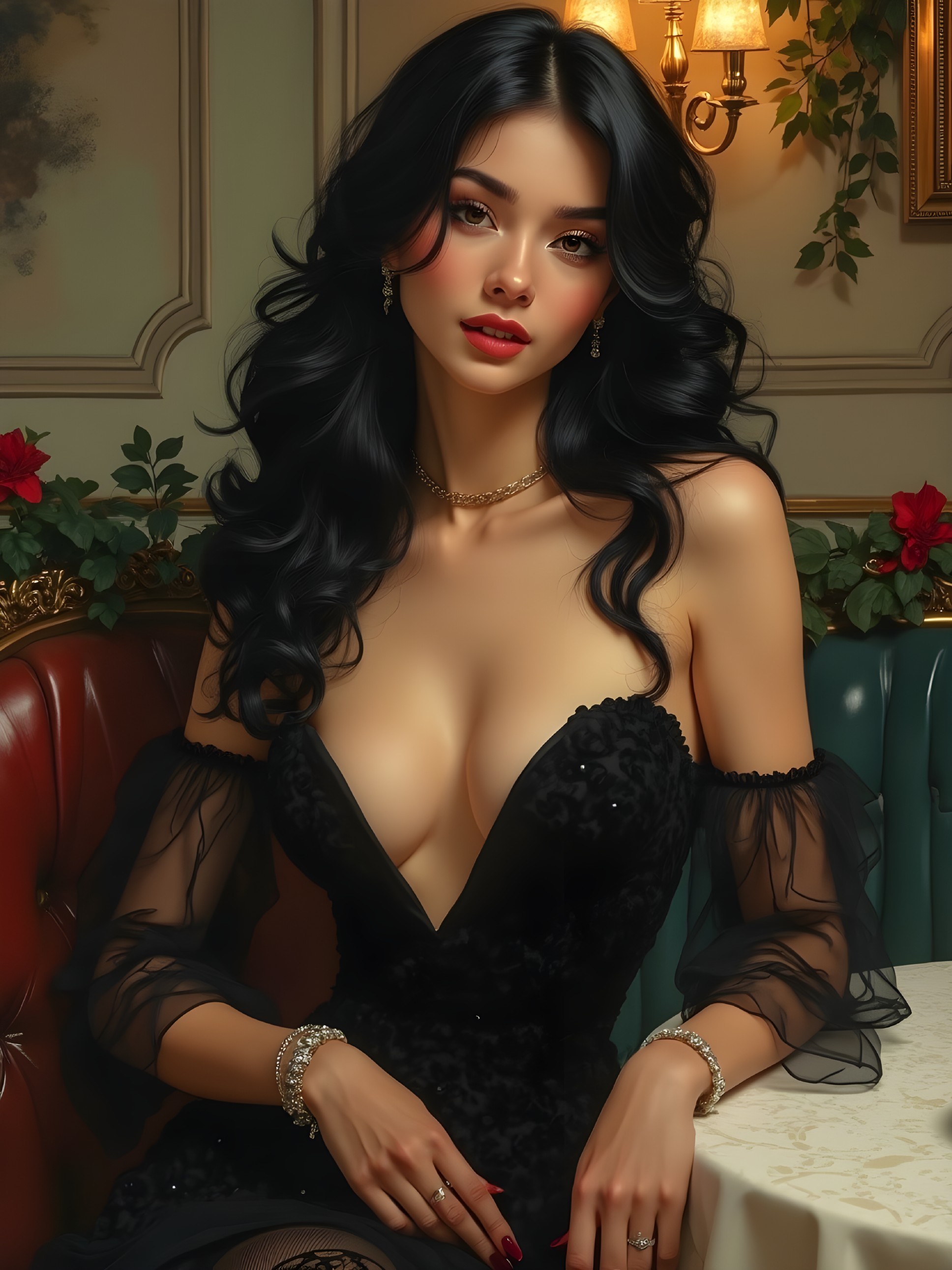 Glamorous Woman in Elegant Decor and Off-Shoulder Dress