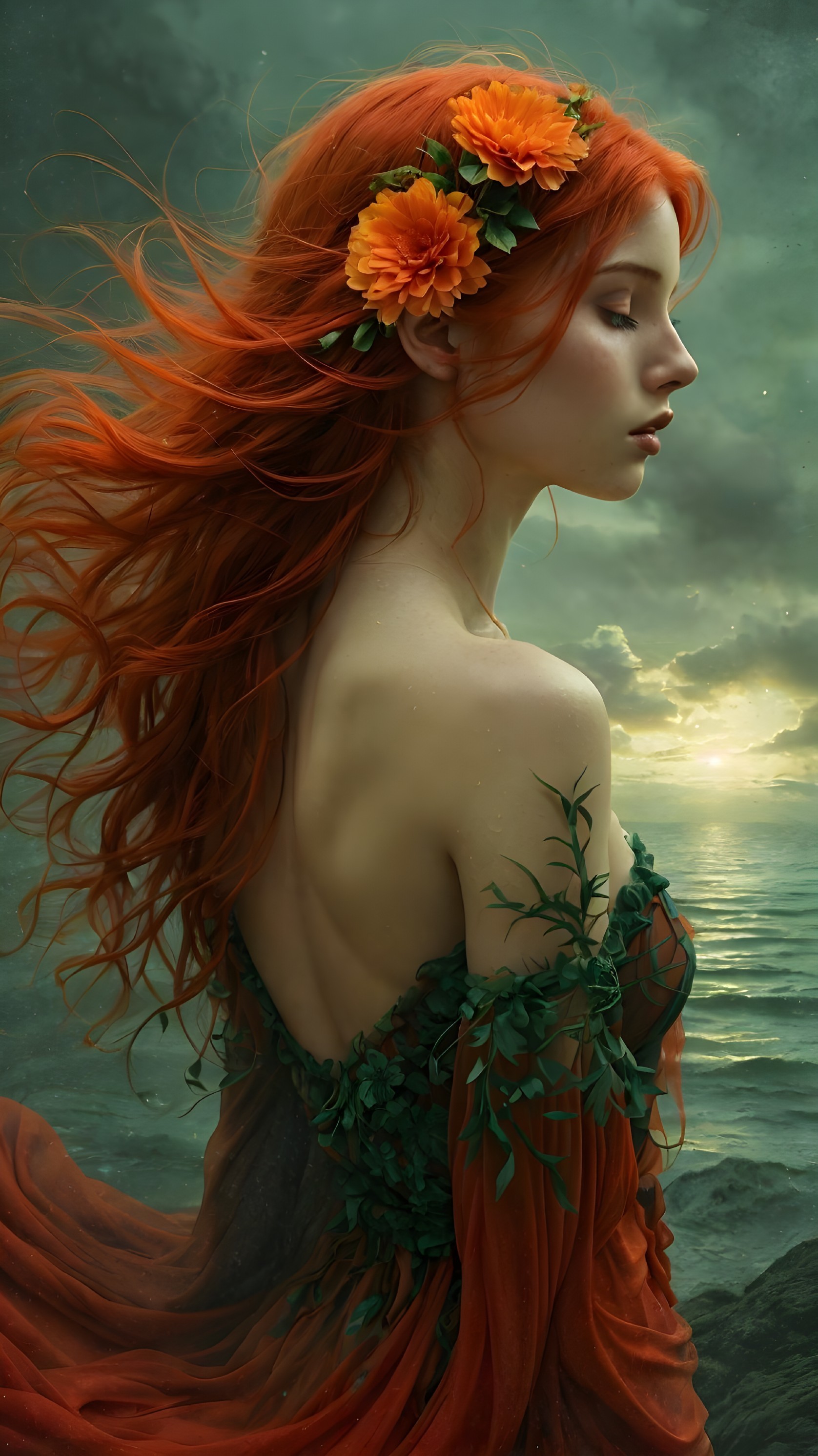 Serene figure by tranquil ocean at sunset