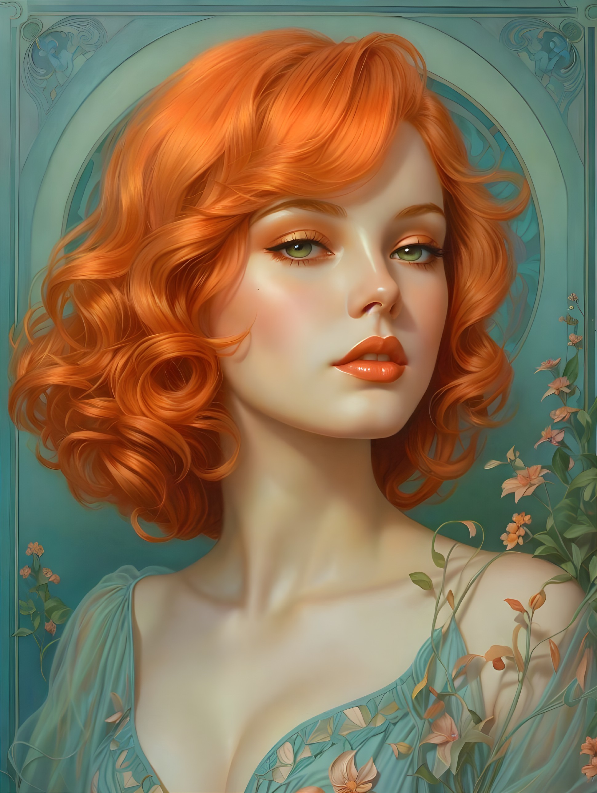 Portrait of a Young Woman with Red Hair and Green Eyes