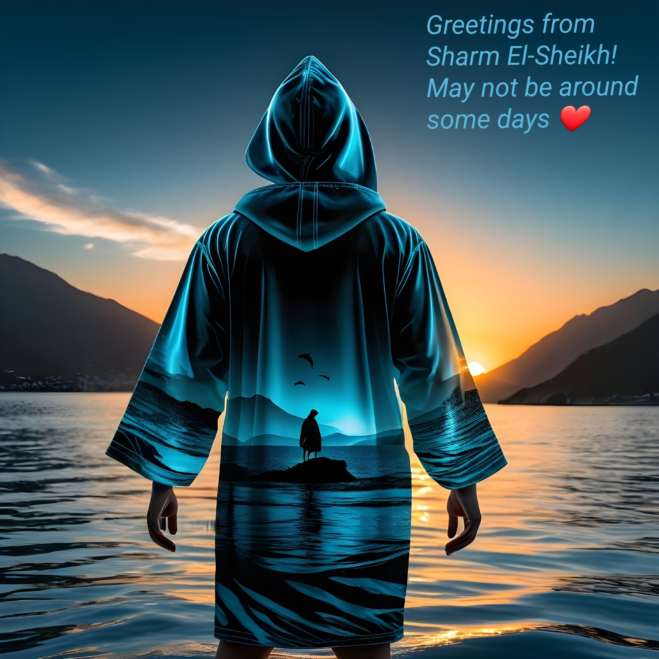 Vibrant Blue Robe with Serene Landscape at Sunset