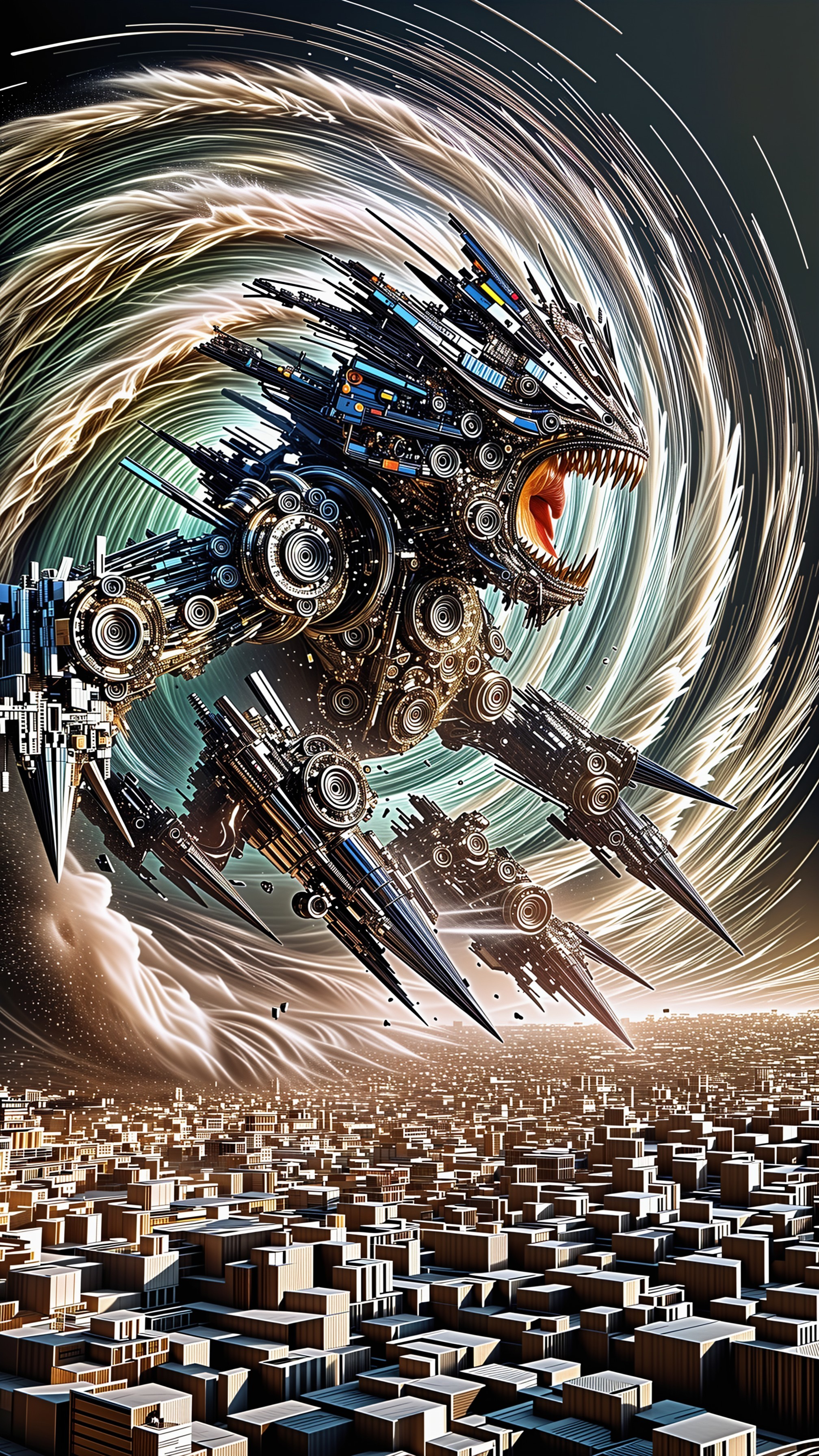 Futuristic creature contrasts with chaotic cityscape