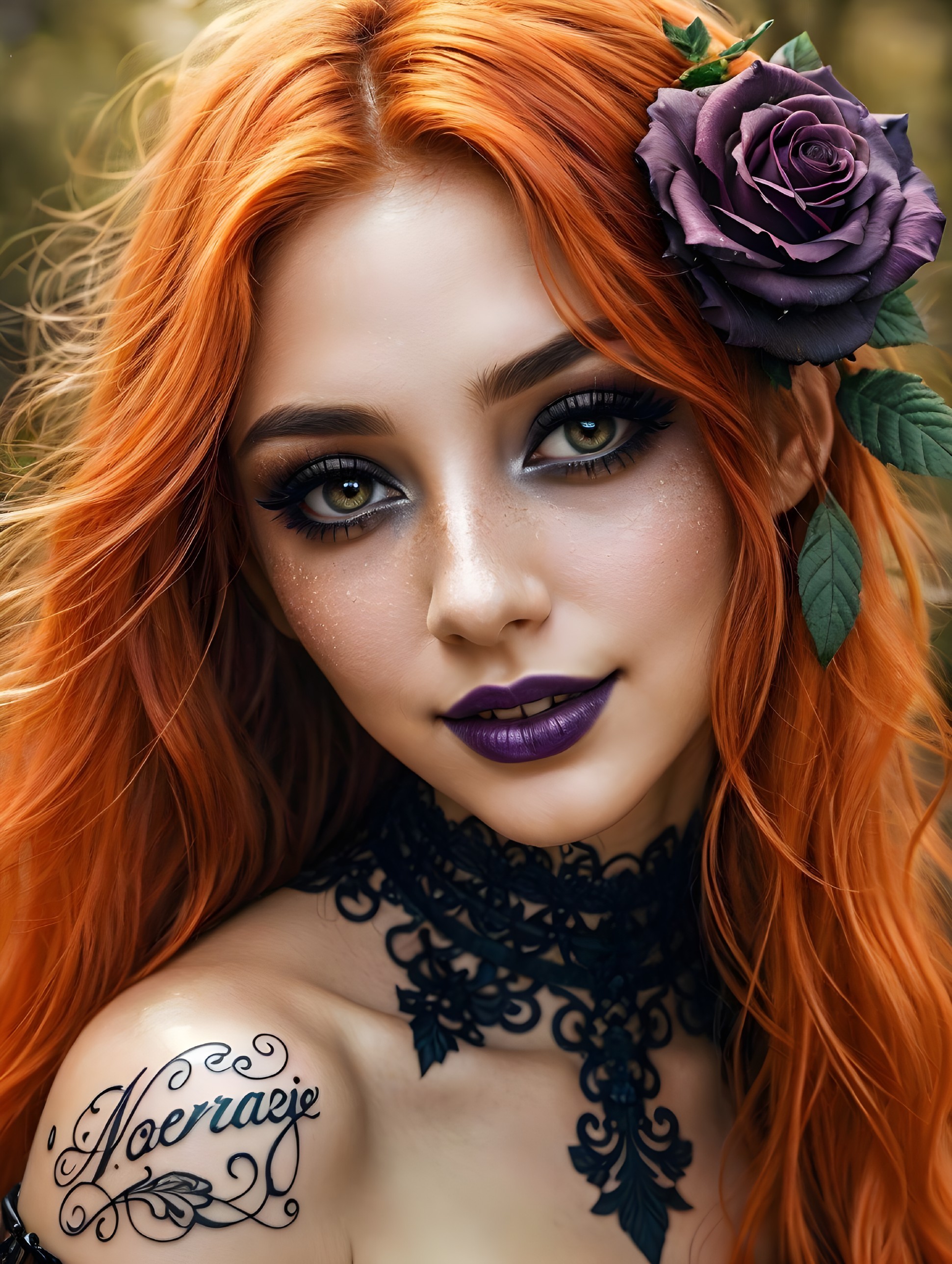 Portrait of a Woman with Orange Hair and Purple Rose