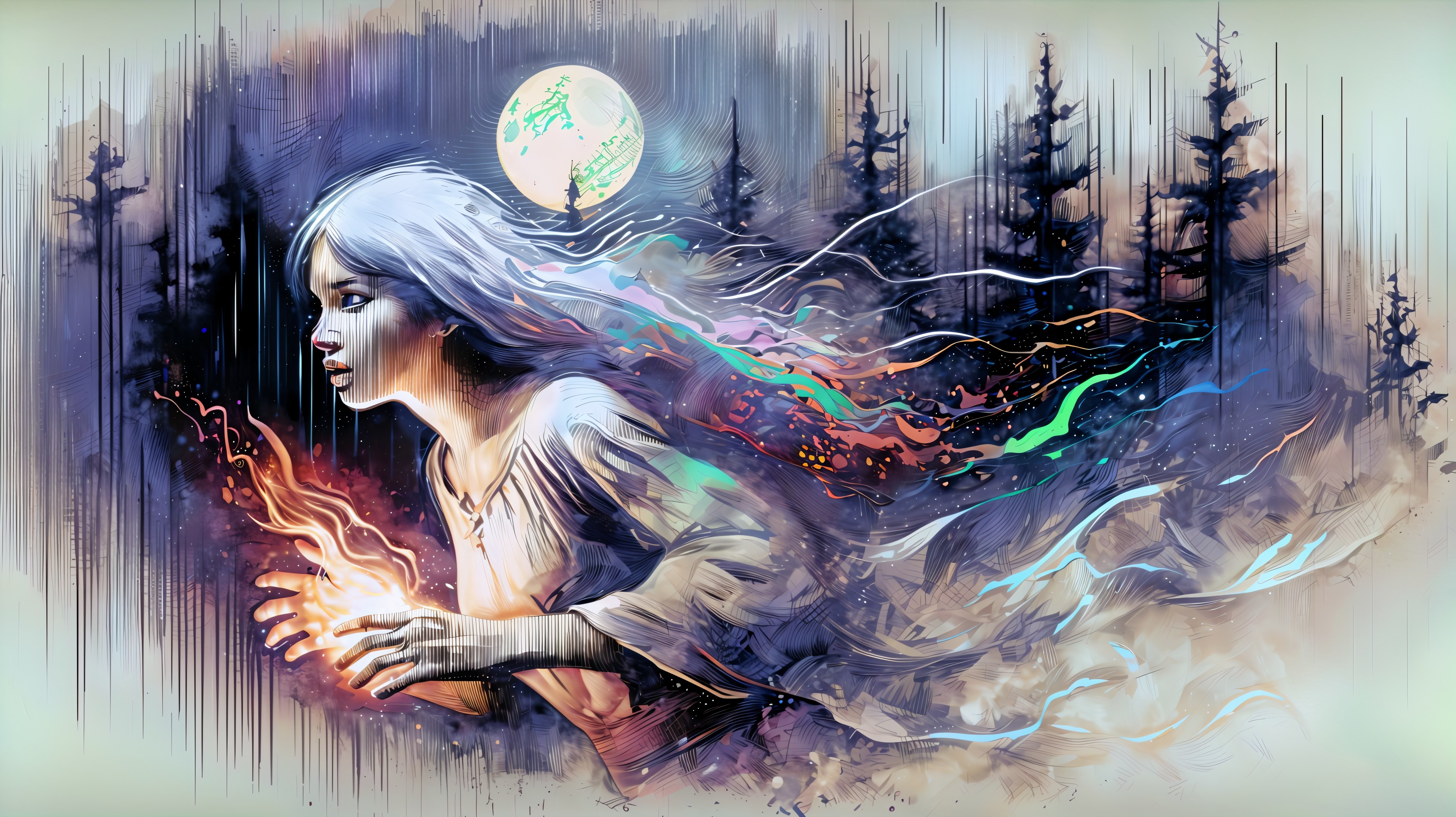 Mystical figure in an enchanting moonlit forest scene