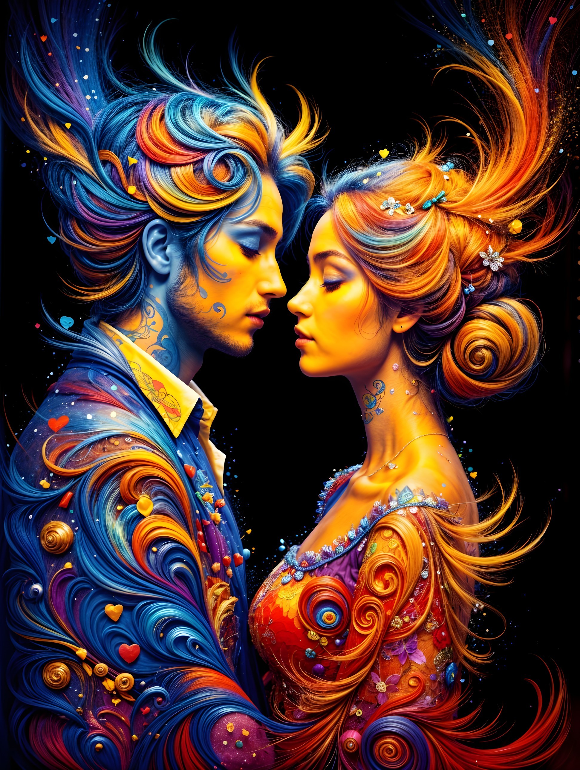Surreal Portrait of Two Figures with Colorful Patterns
