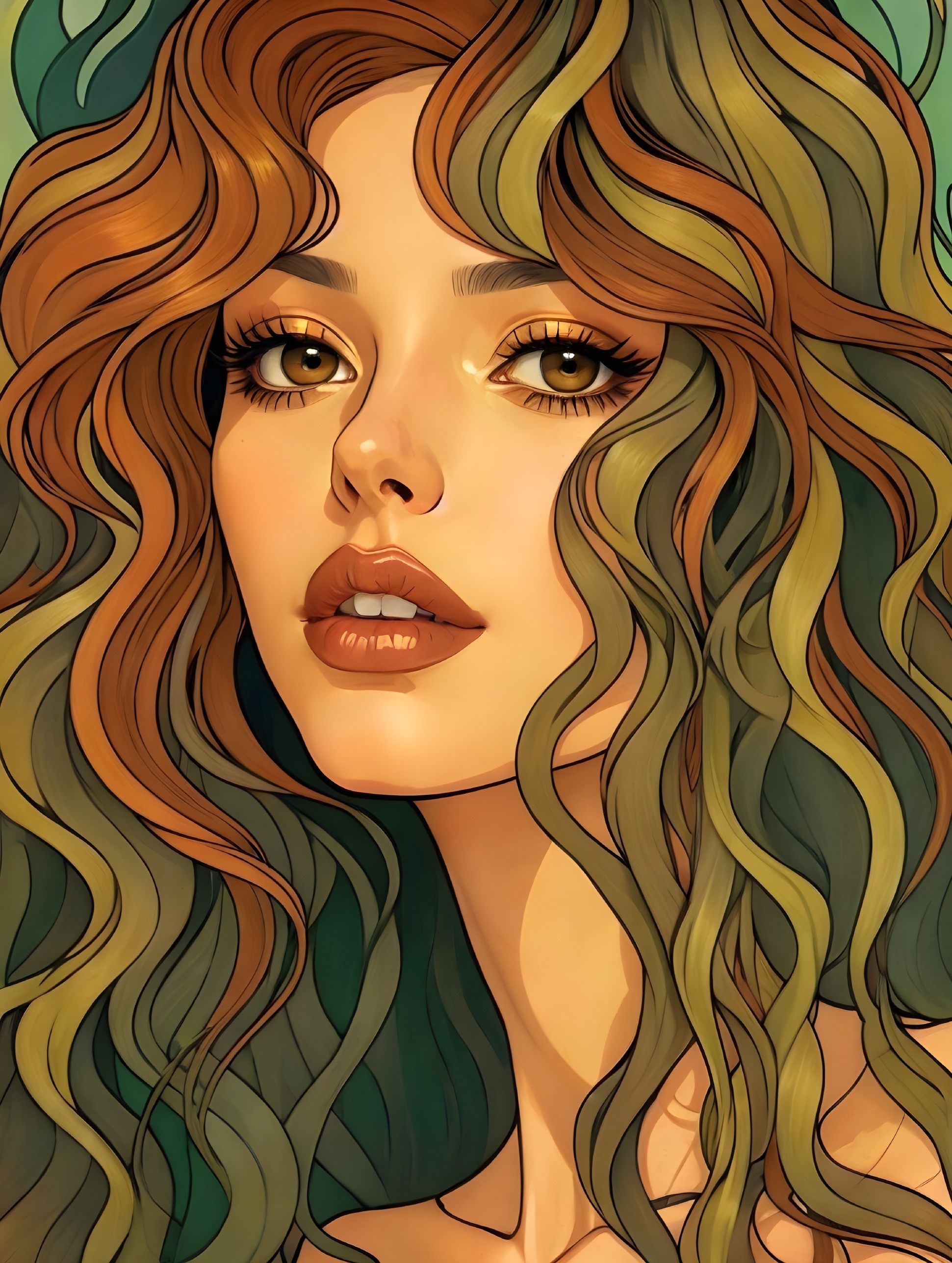 Stylized portrait of a young woman with wavy hair