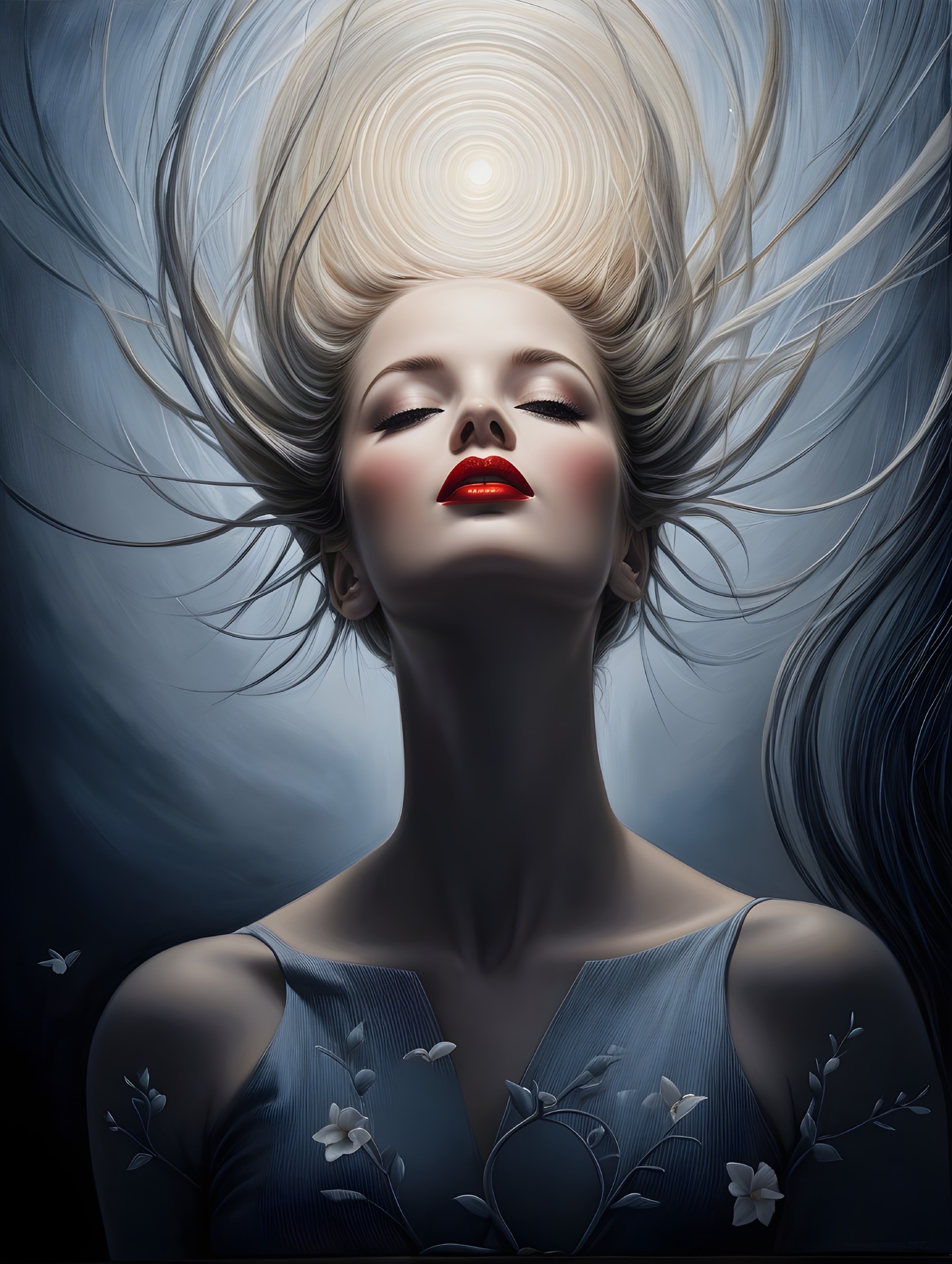 Serene woman with glowing hair and floral attire