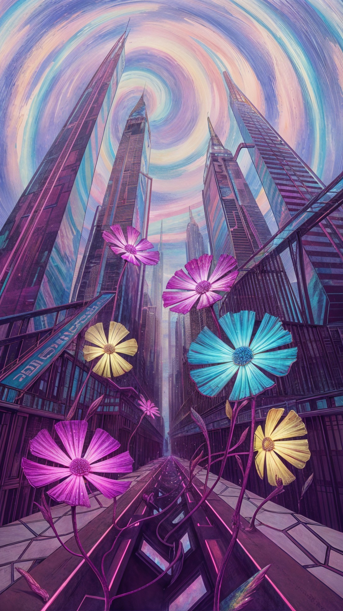 Vibrant Cityscape with Skyscrapers and Colorful Flowers