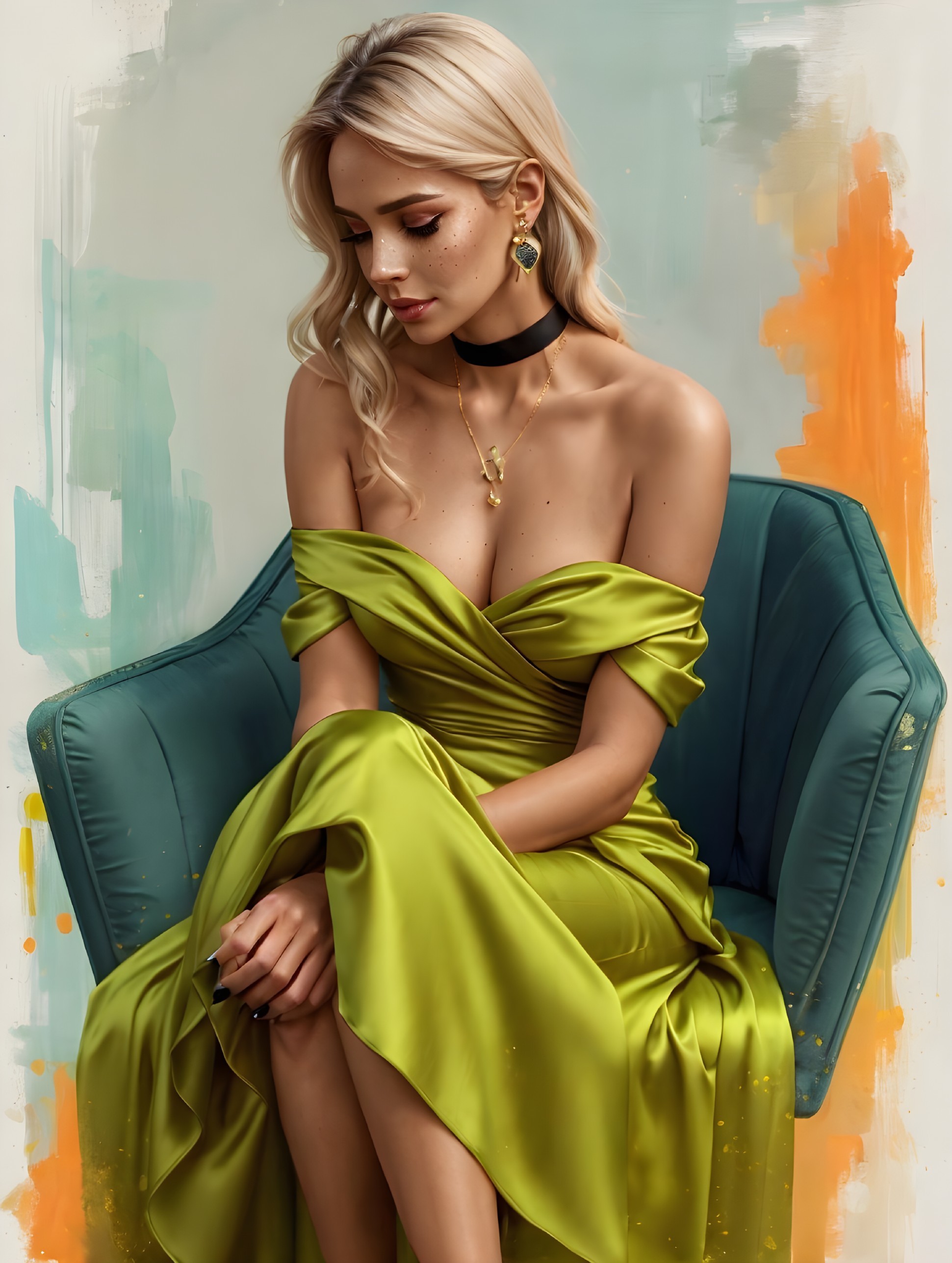 Elegant woman in lime green gown in teal armchair