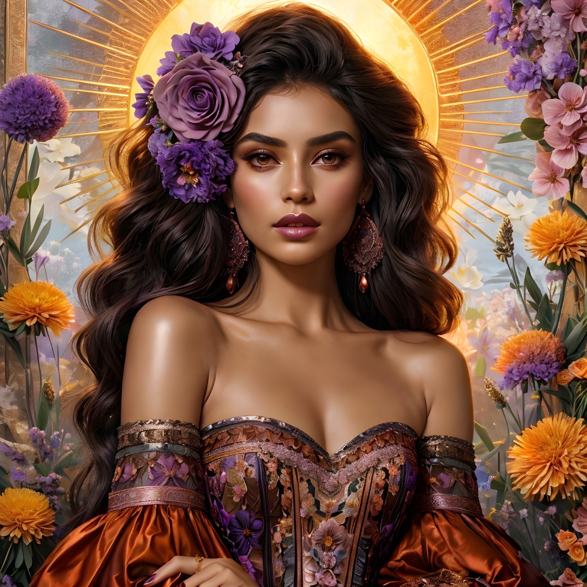 Stunning Woman in Floral Dress with Purple Rose
