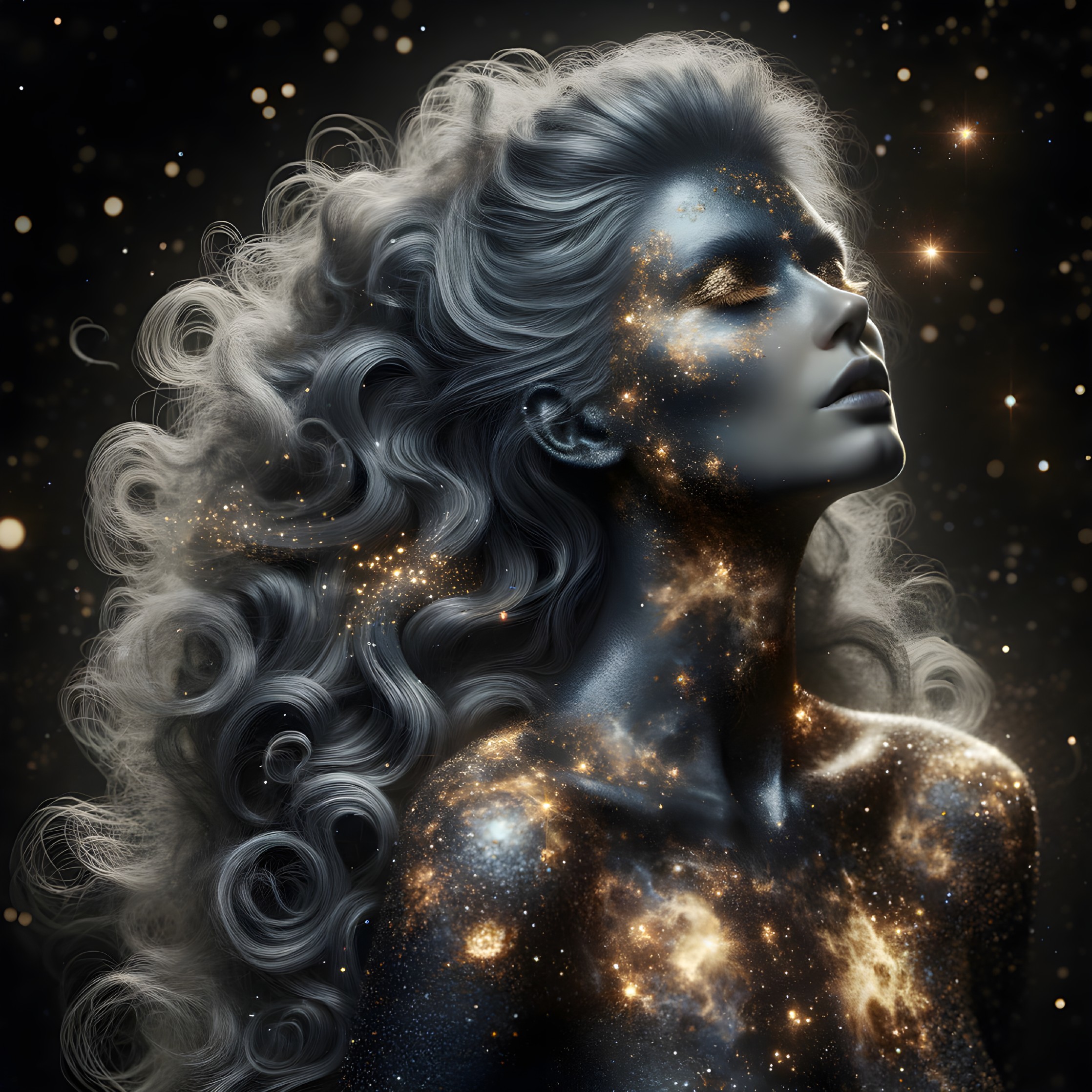 Celestial Figure with Silver Hair and Cosmic Patterns