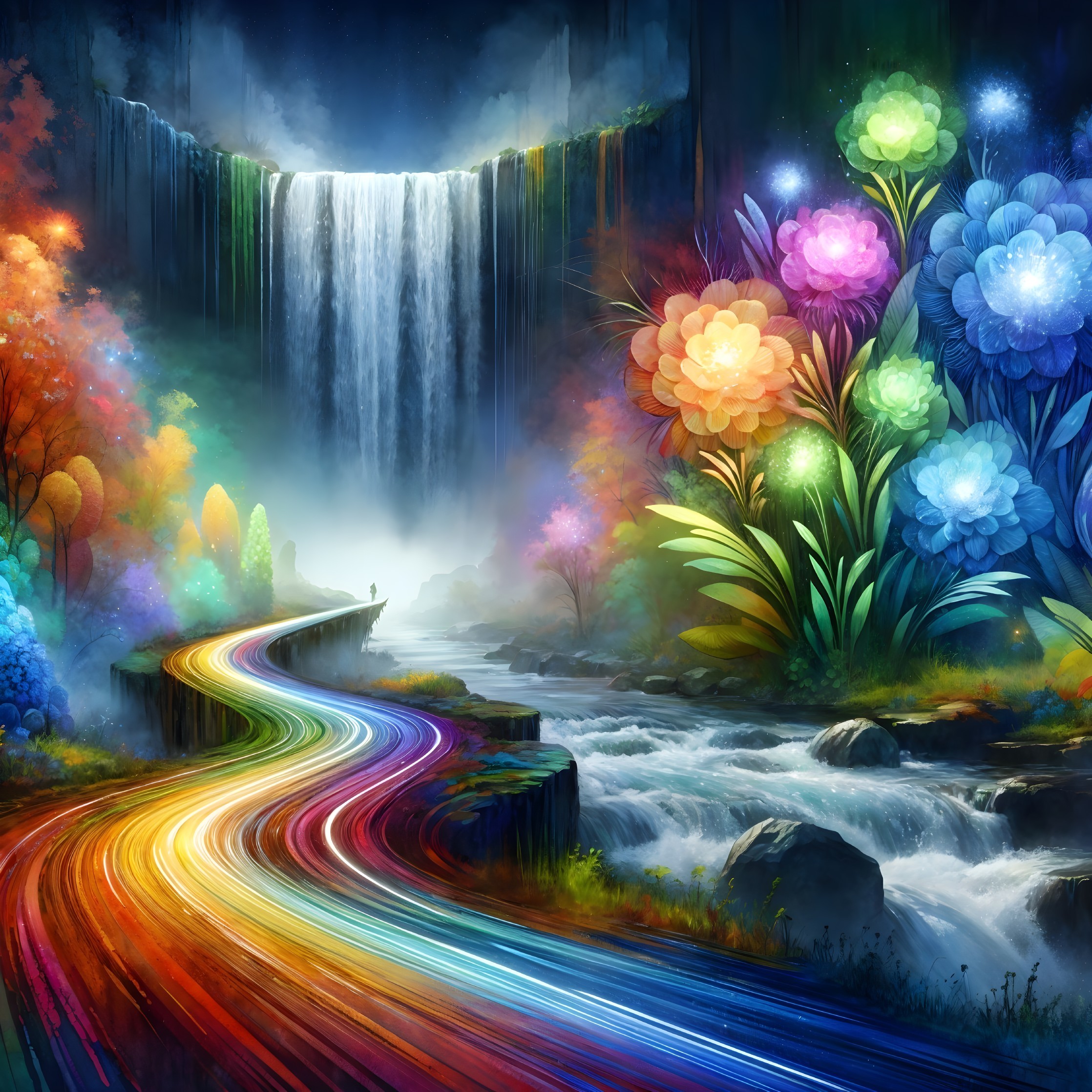 Vibrant Fantasy Landscape with Waterfall and Rainbow Pathway
