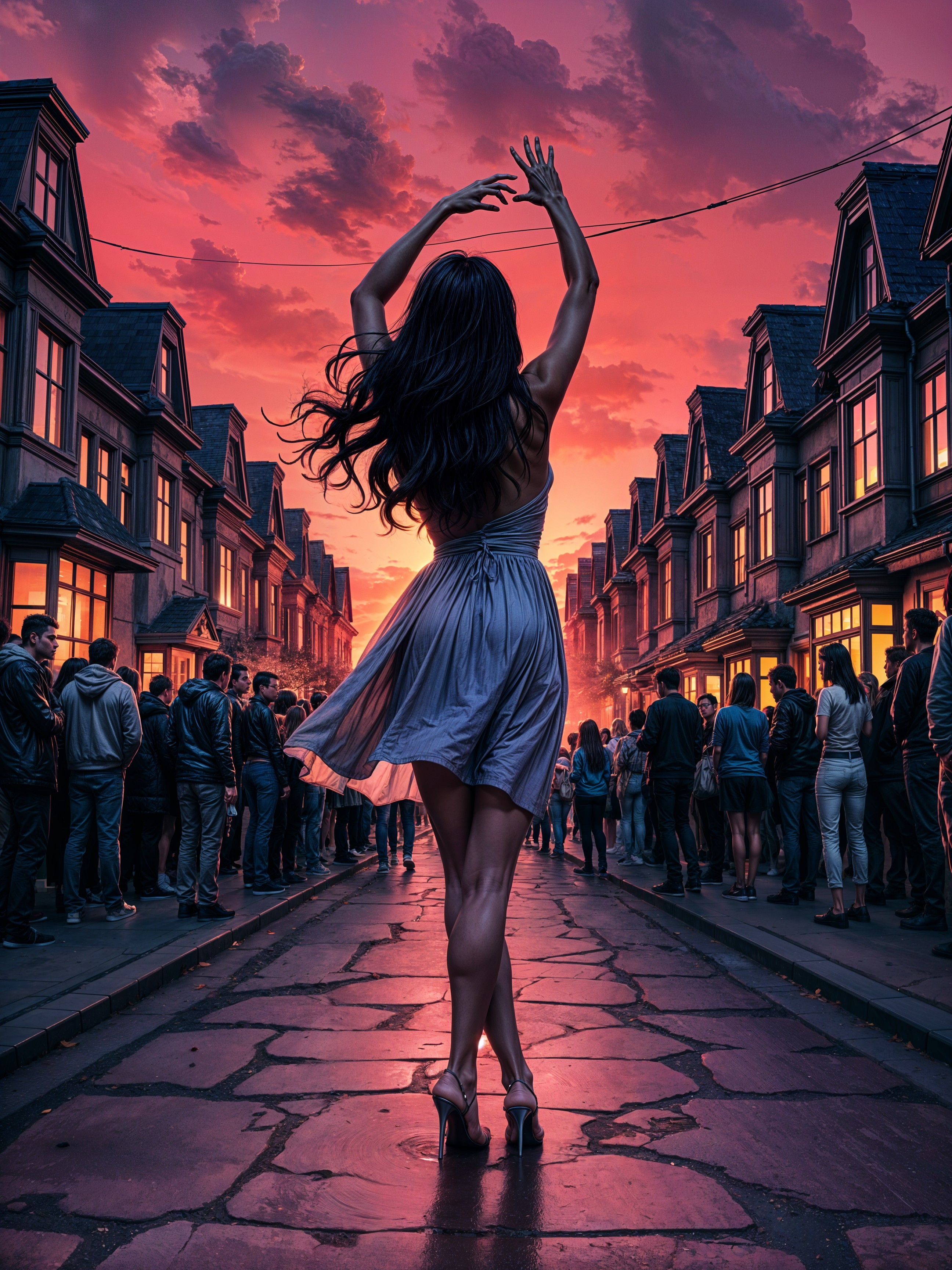 Dancer in Grey Dress Poses on Cobblestone Street