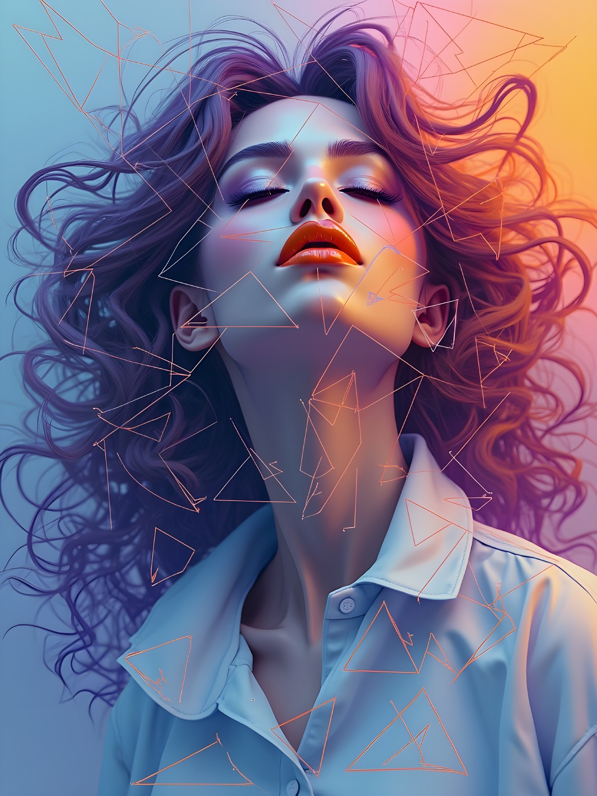Portrait of a woman with vibrant wavy hair and serene expression