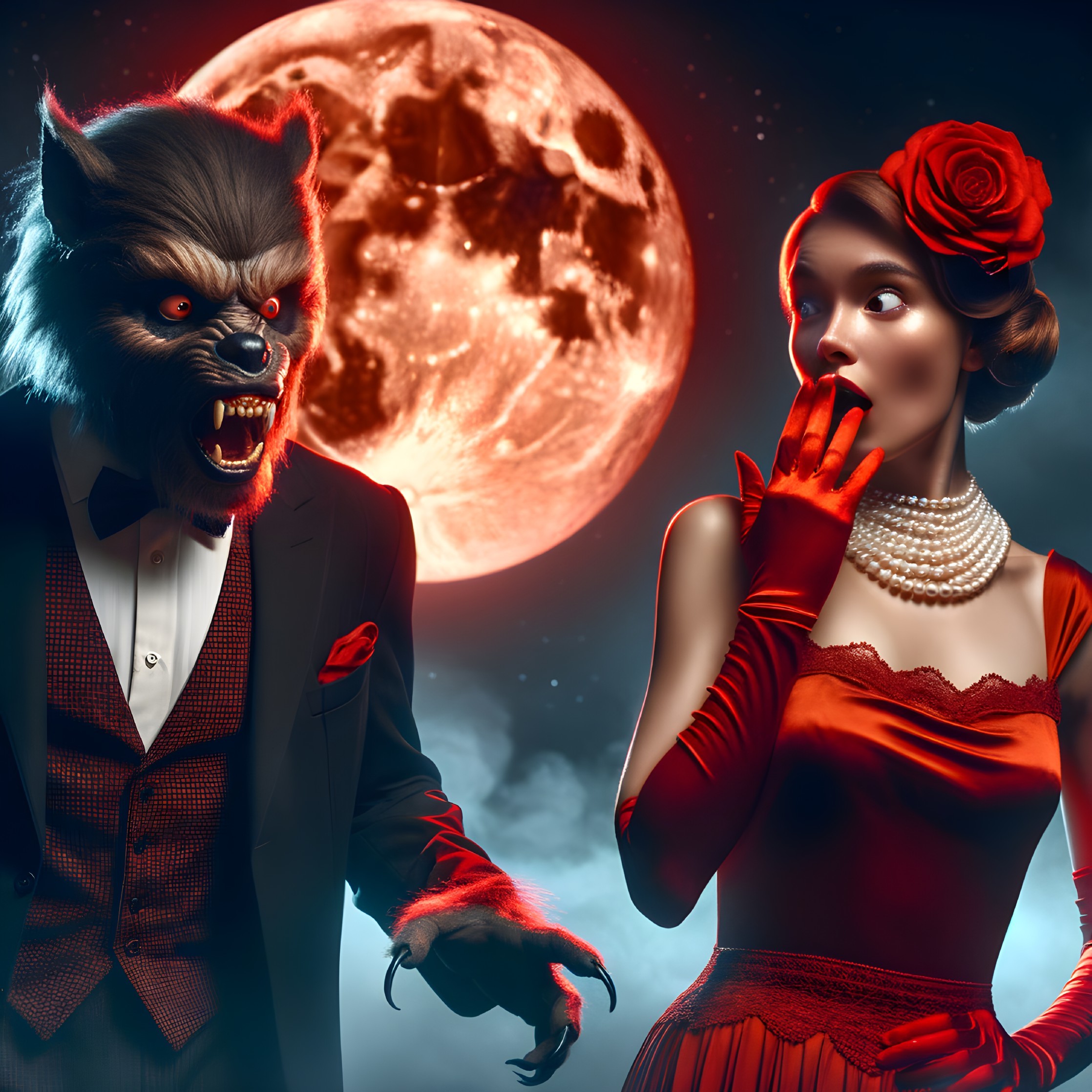 Werewolf in Tuxedo Confronts Woman in Vintage Dress