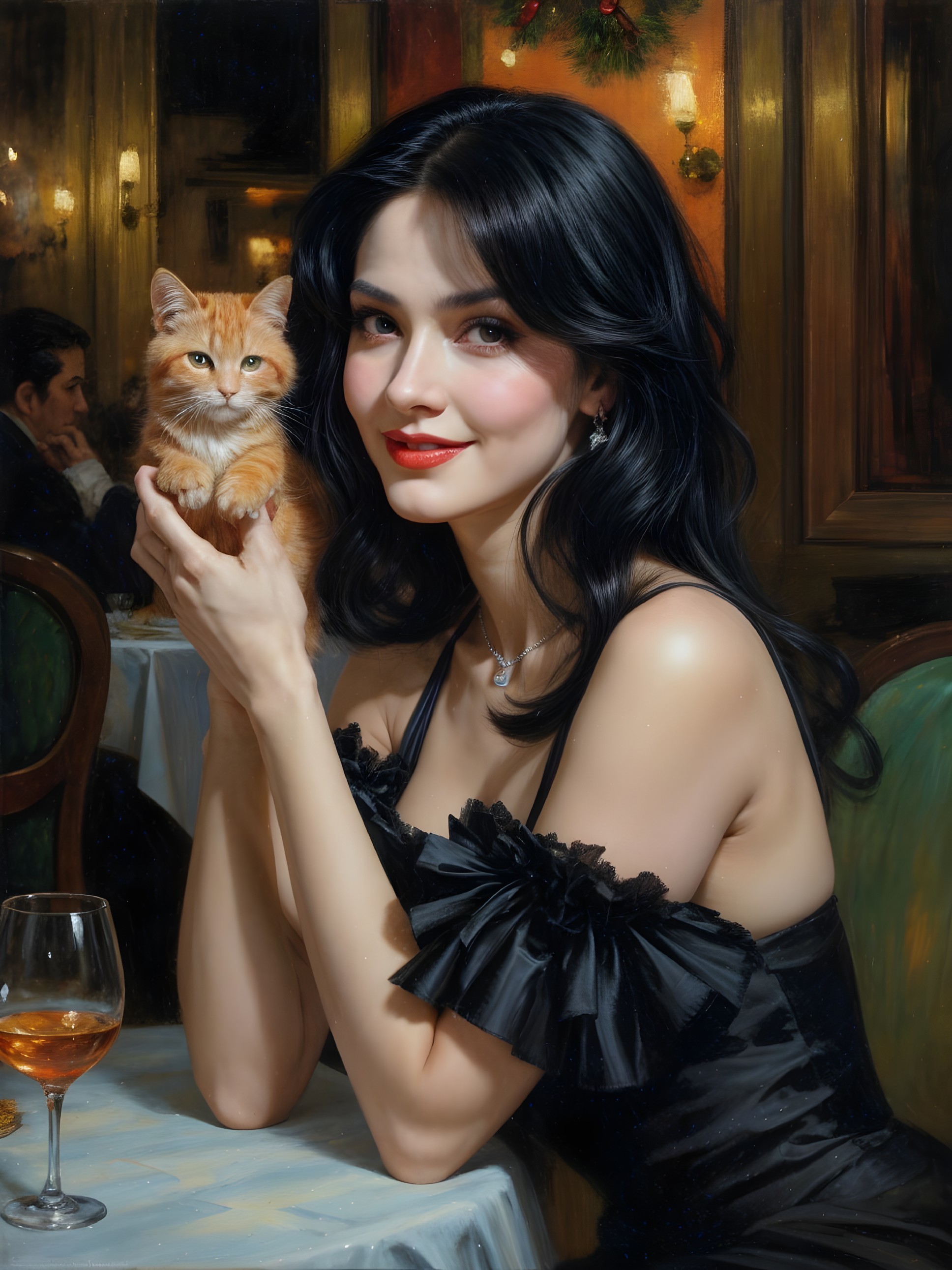 Woman in black dress with kitten in cozy restaurant
