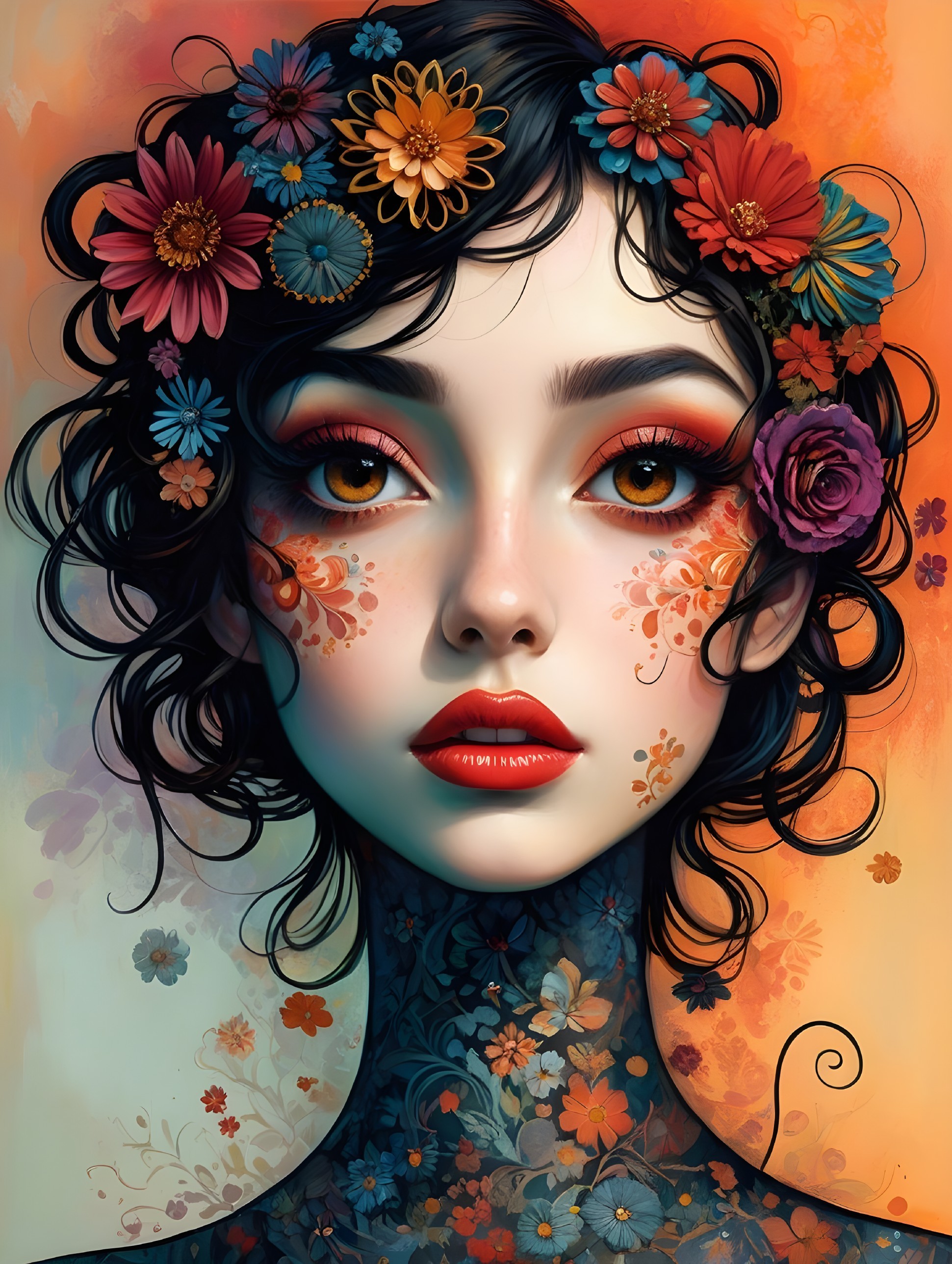 Portrait of a Woman with Floral Accents and Warm Colors