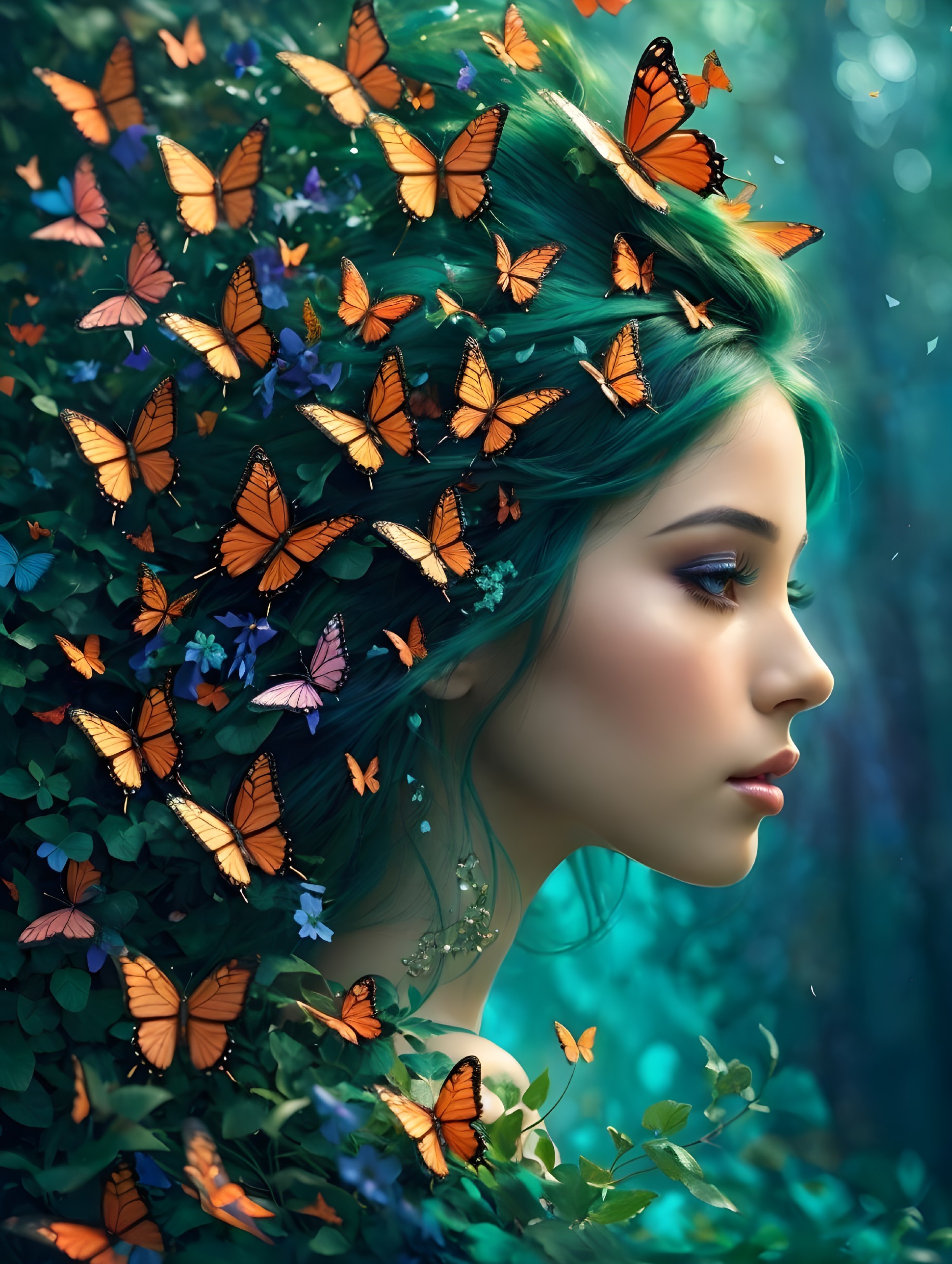 Ethereal Woman with Nature and Butterflies in Profile