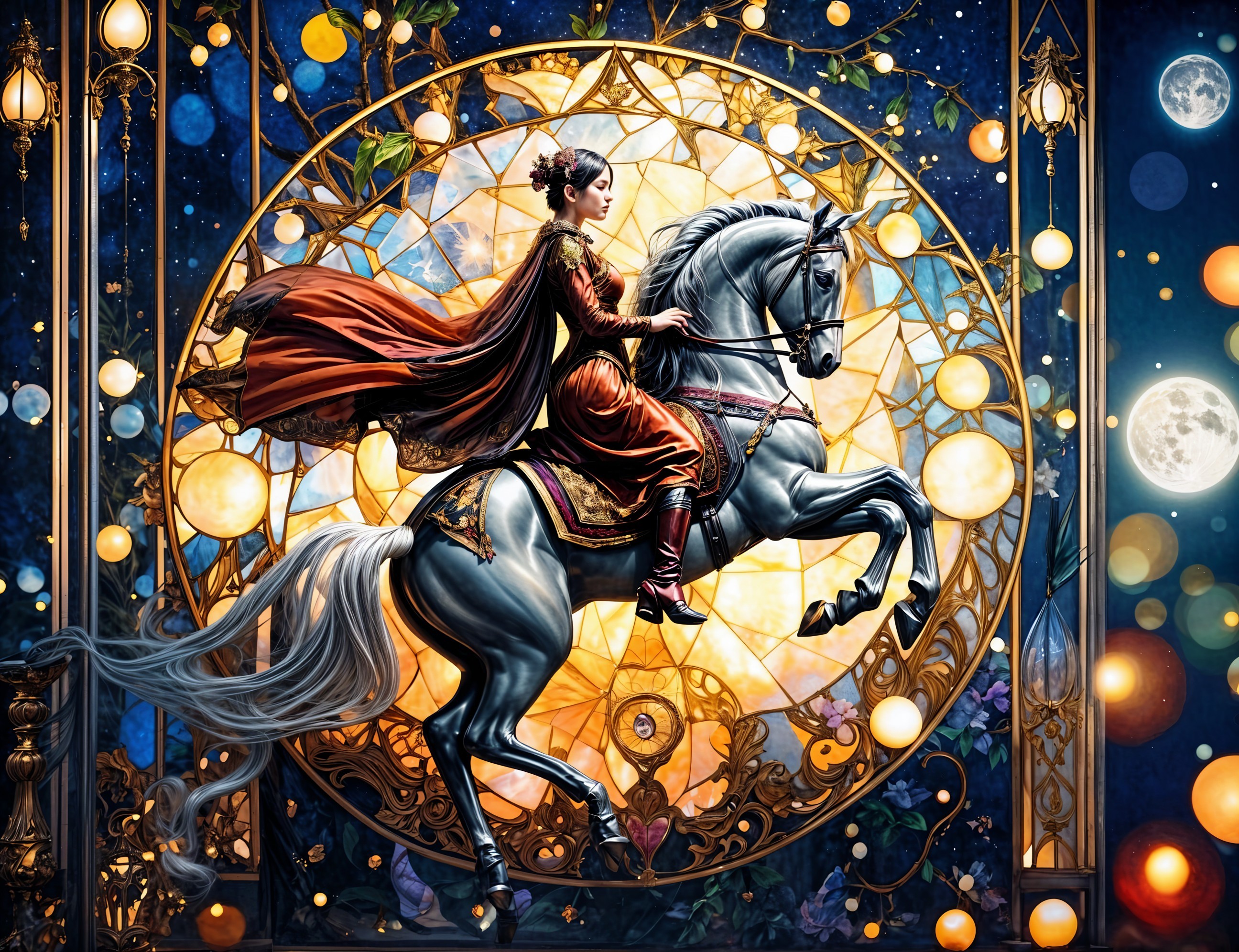 Digital Stained Glass Art of Woman on Horseback
