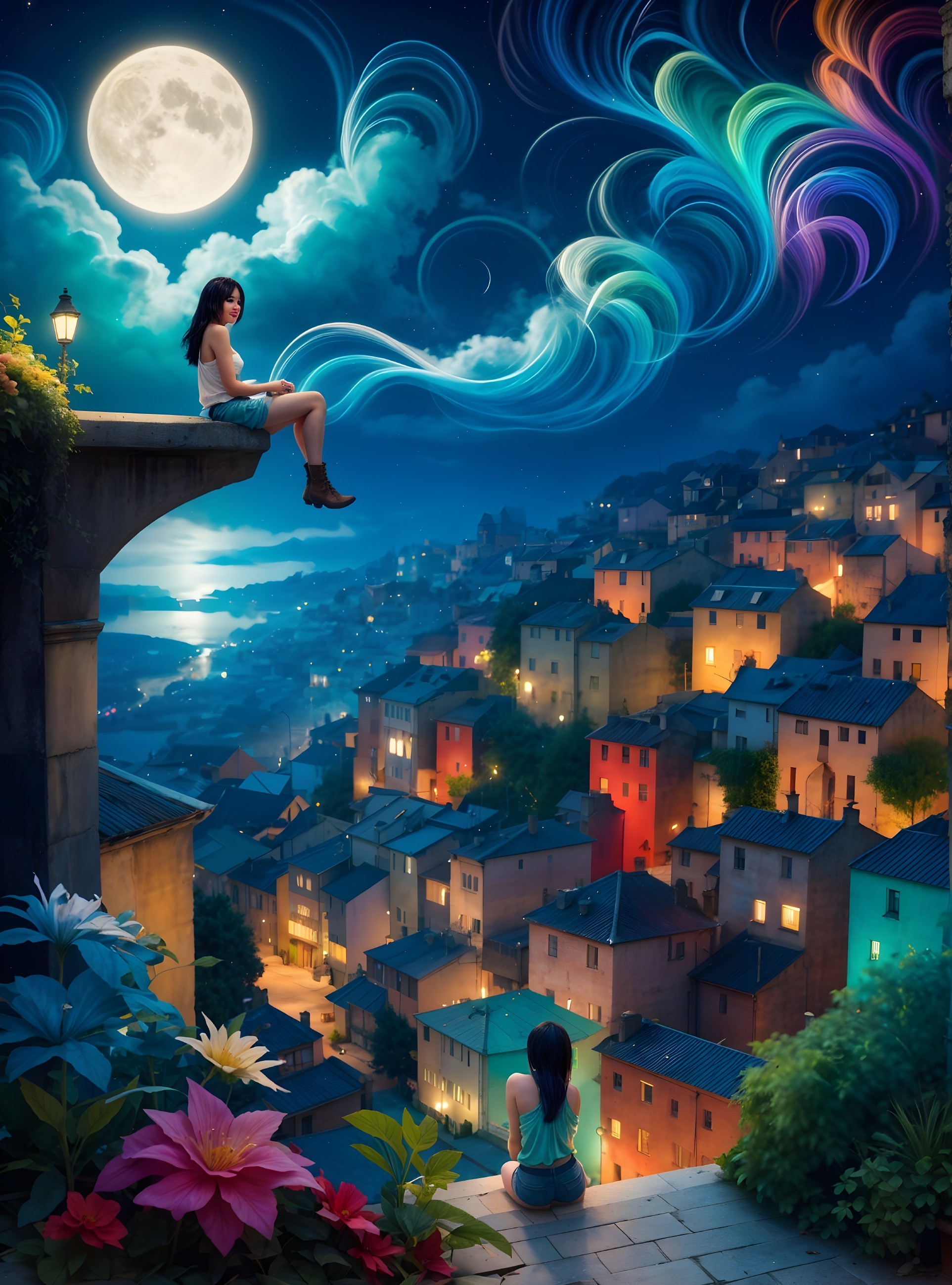 Moonlit Night Over Colorful Hillside Town Scene