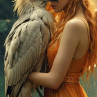 Young Woman with Red Hair and Majestic Bird by Water