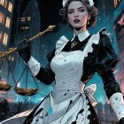 Anime Illustration of Maid with Golden Scale at Night