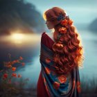 Woman with Red Hair by a Serene River at Dawn