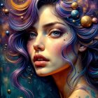 Ethereal Woman with Purple Hair in Cosmic Background