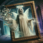 Serene Figure with Angelic Wings in Dimly Lit Room