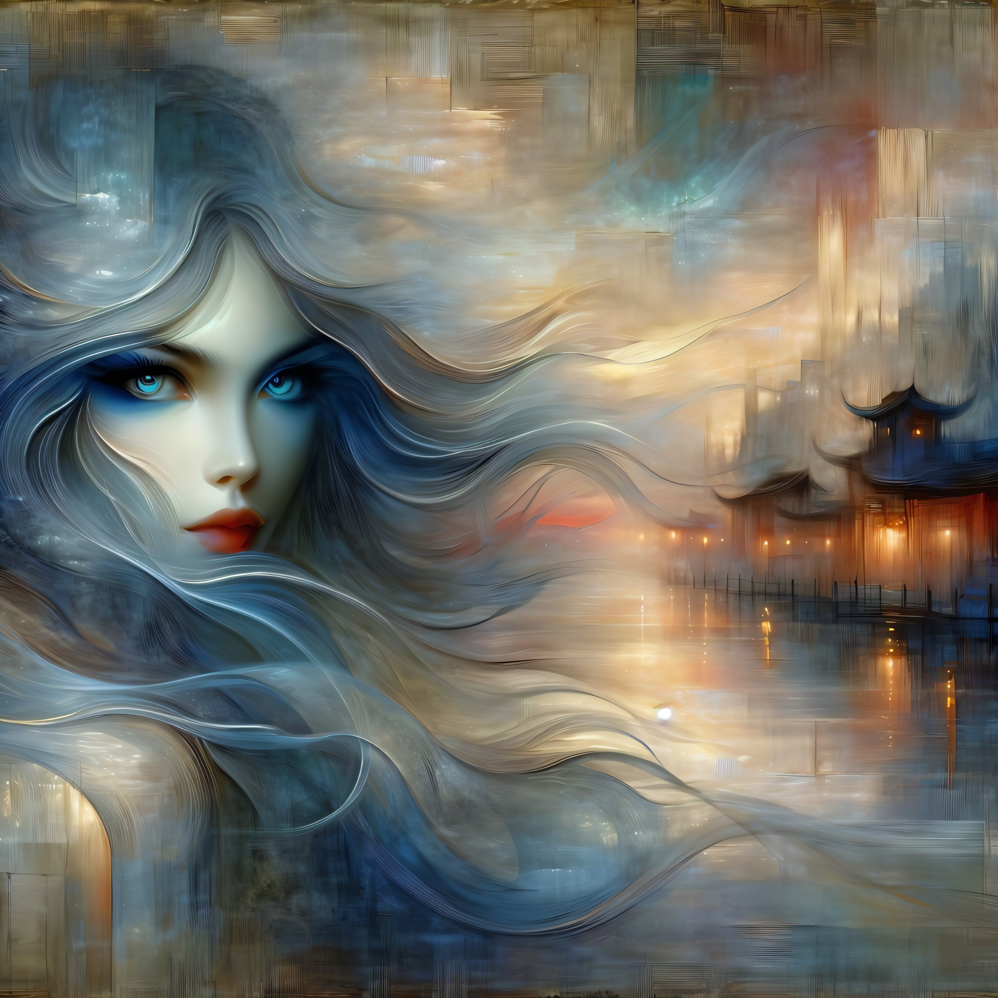 Mystical Woman with Blue Hair in Ethereal Setting