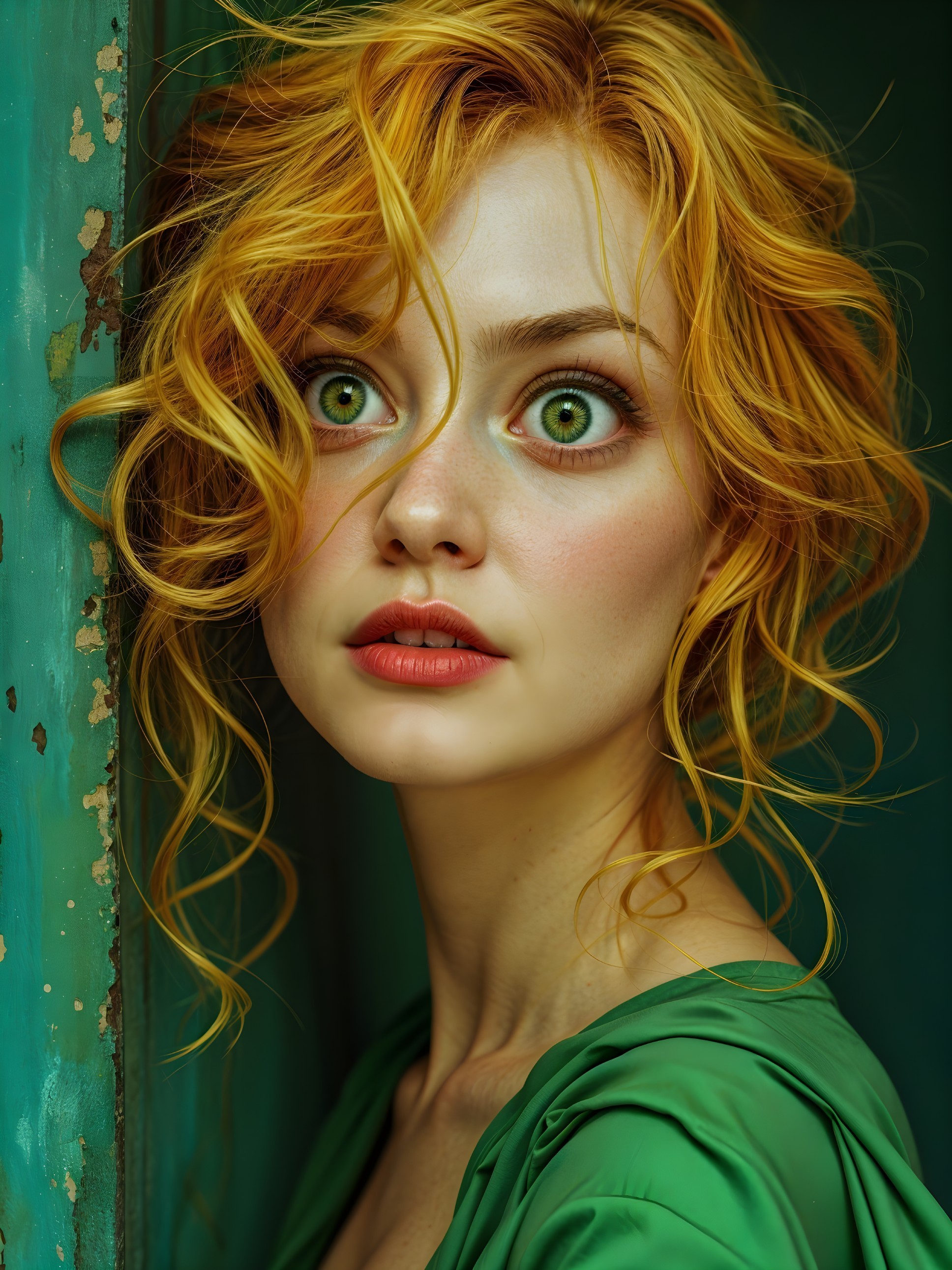 Portrait of a young woman with green eyes and orange hair
