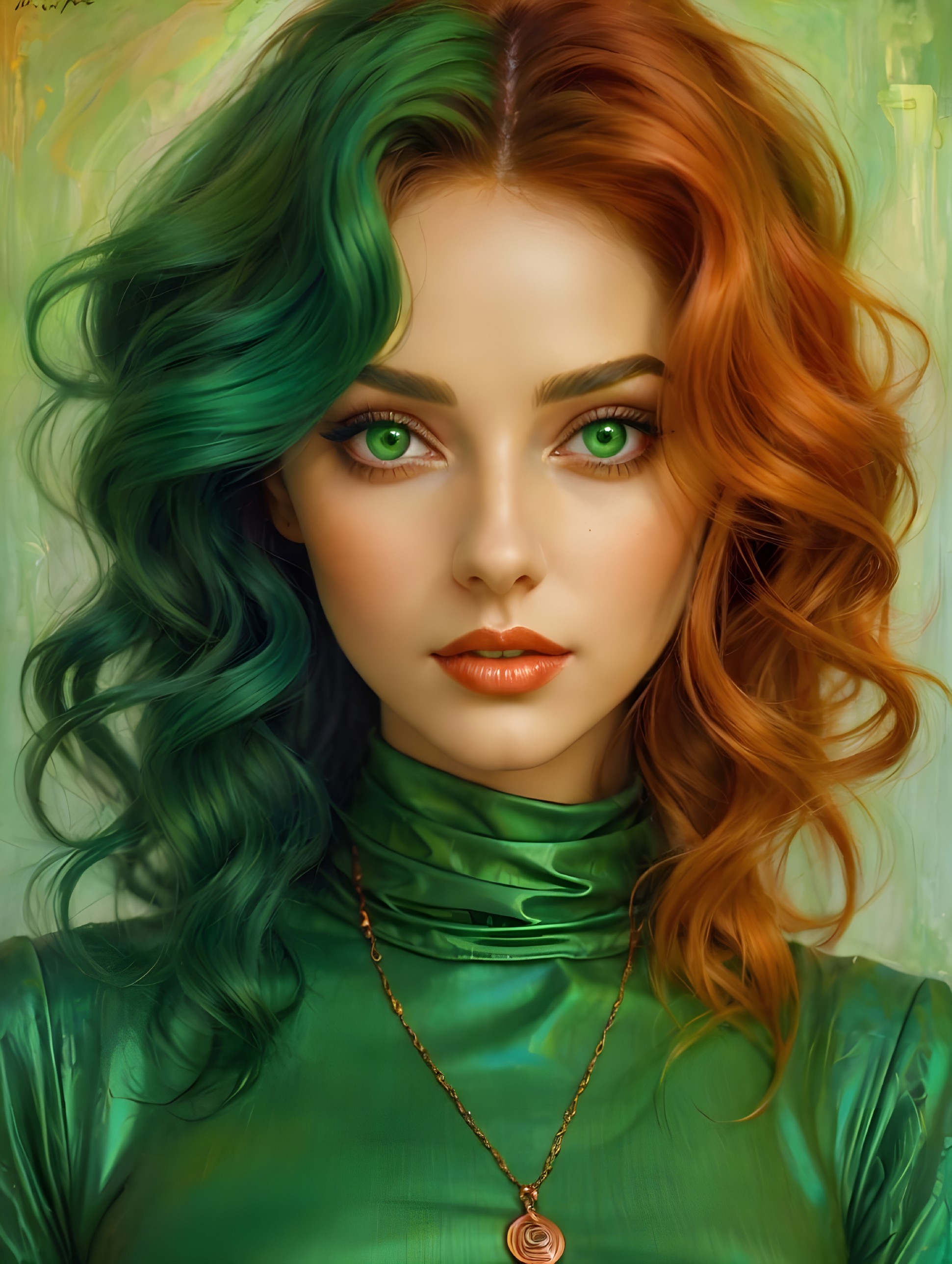 Young woman with vibrant green and orange curly hair