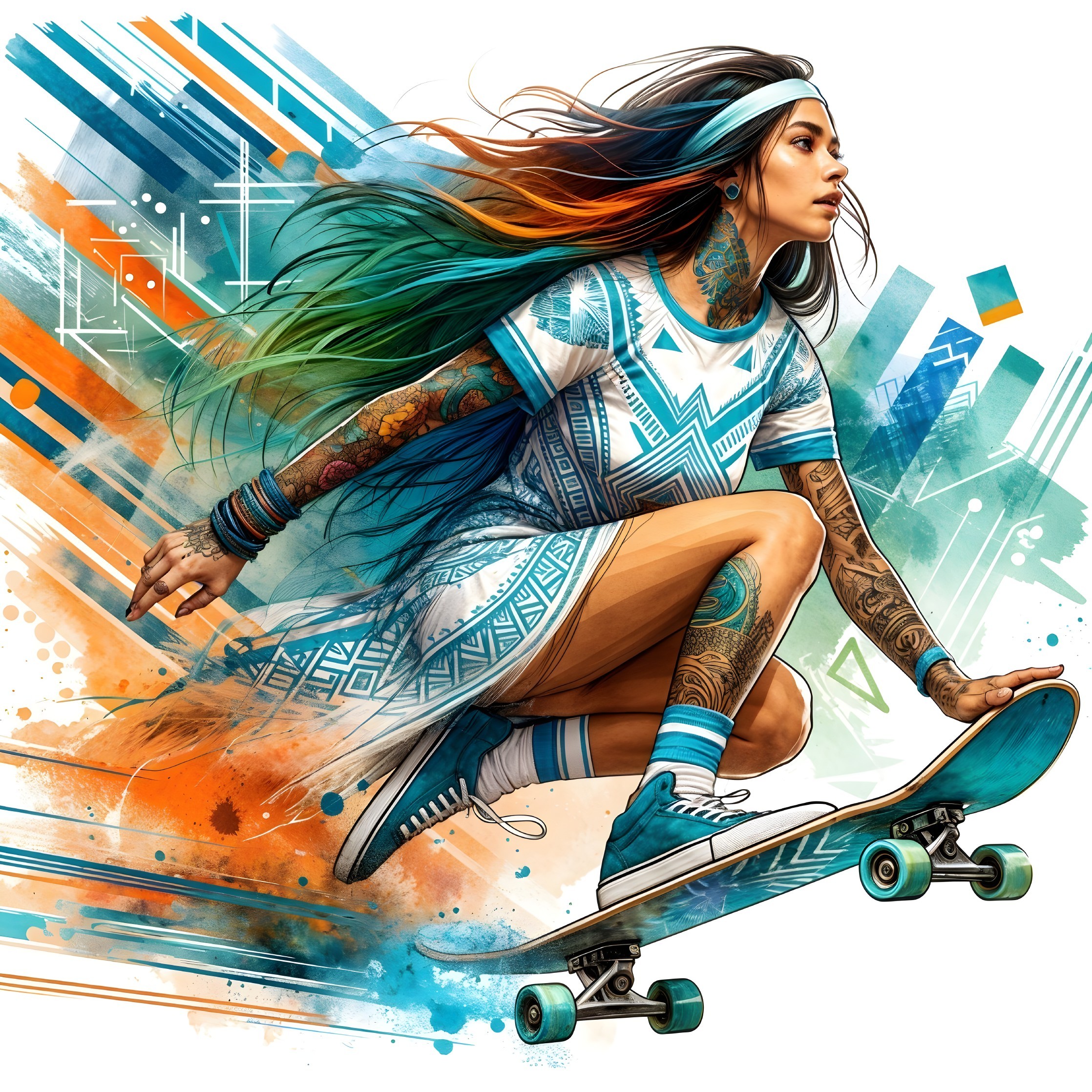Young Woman Skateboarding with Colorful Style