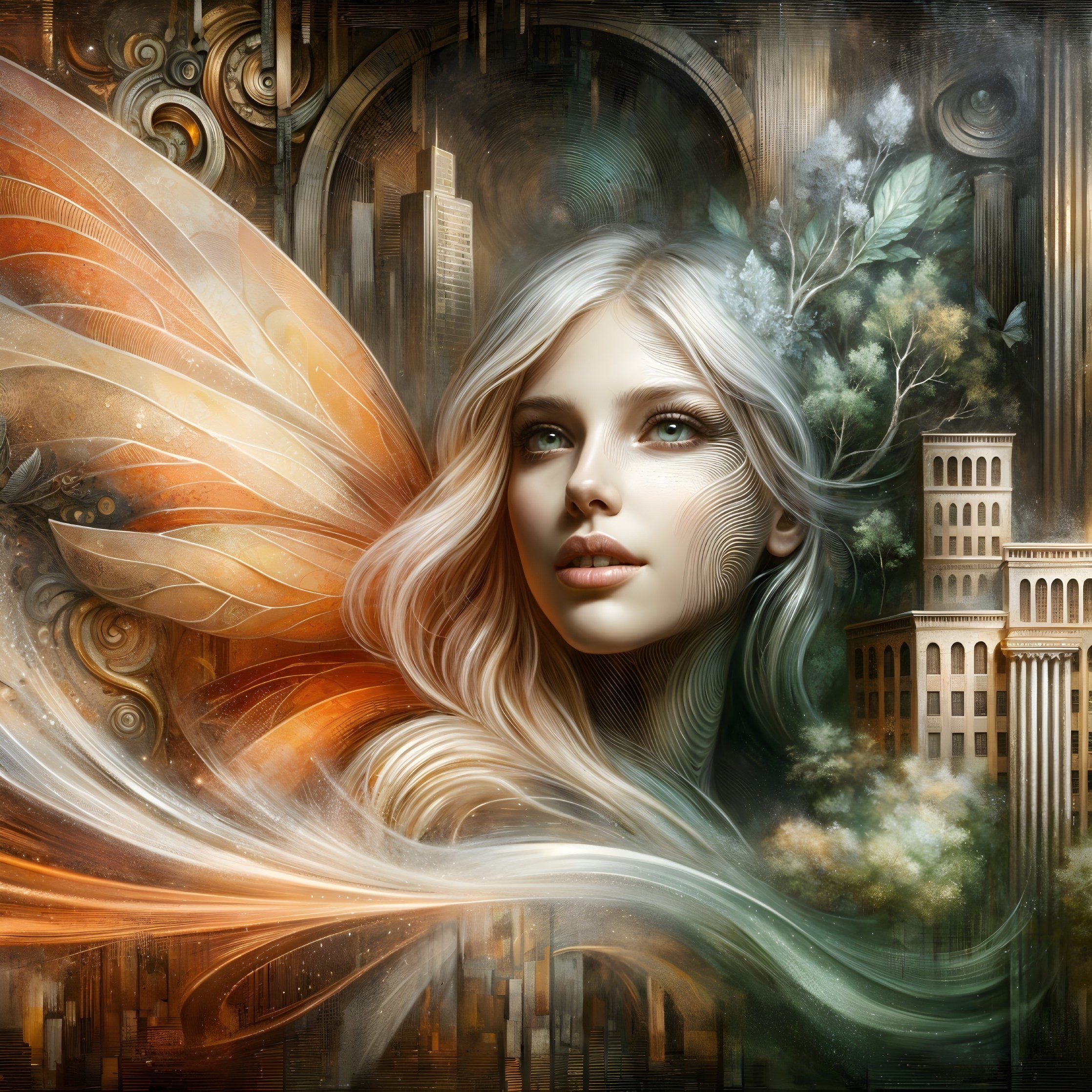 Ethereal Figure with Butterfly Wings in Abstract Colors
