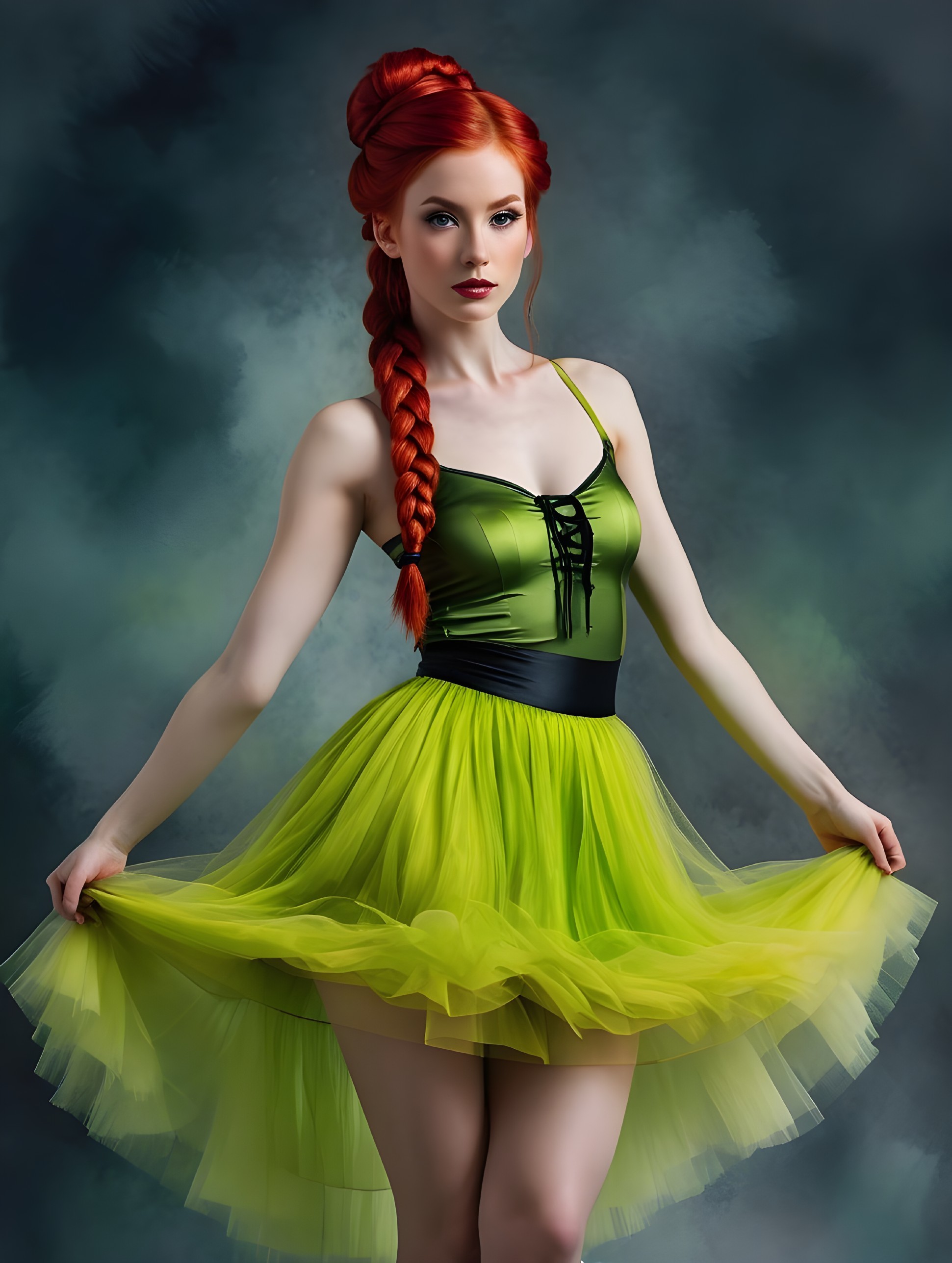 Woman in Green Dress with Red Braid in Dreamy Setting