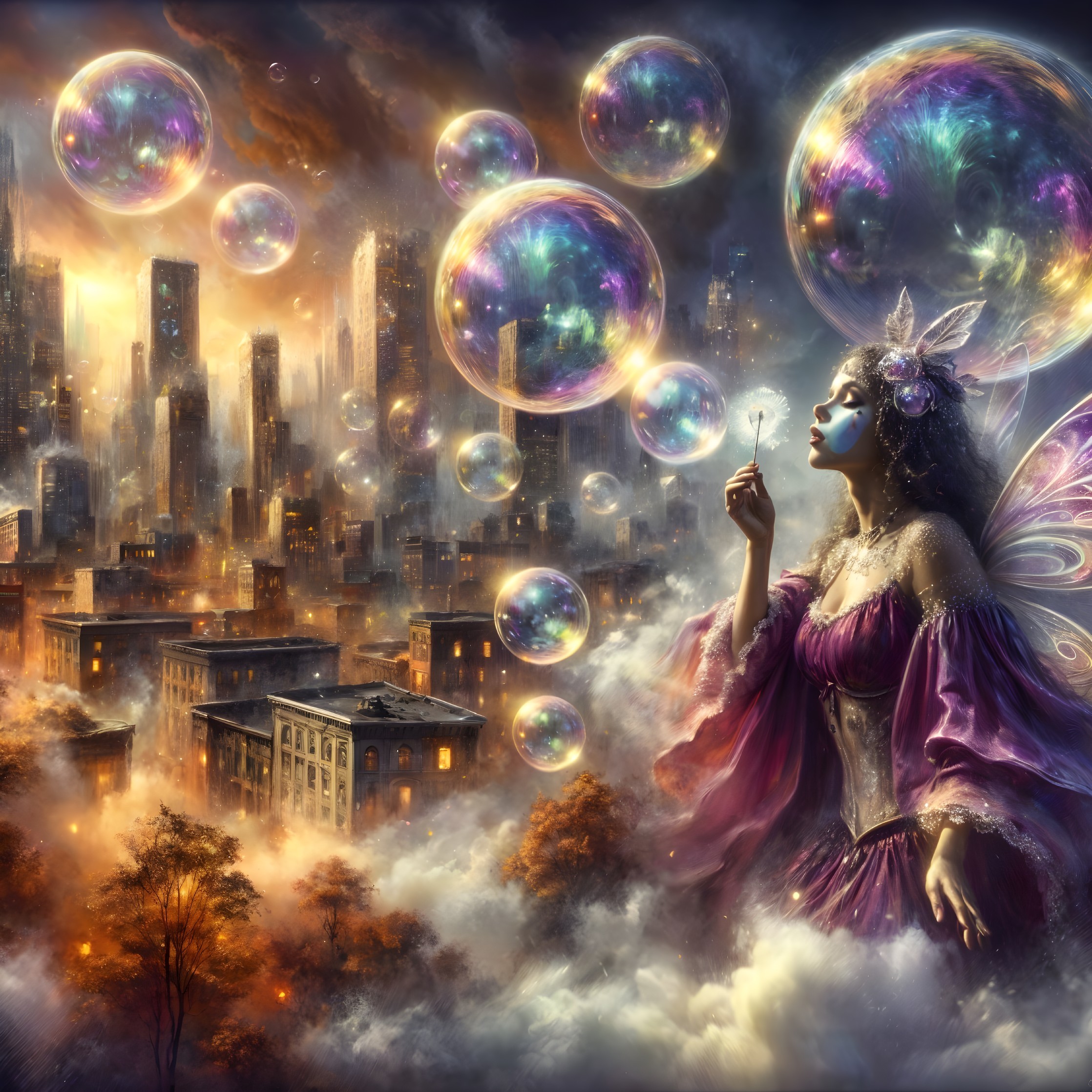 Surreal Urban Landscape with Whimsical Fairy and Bubbles