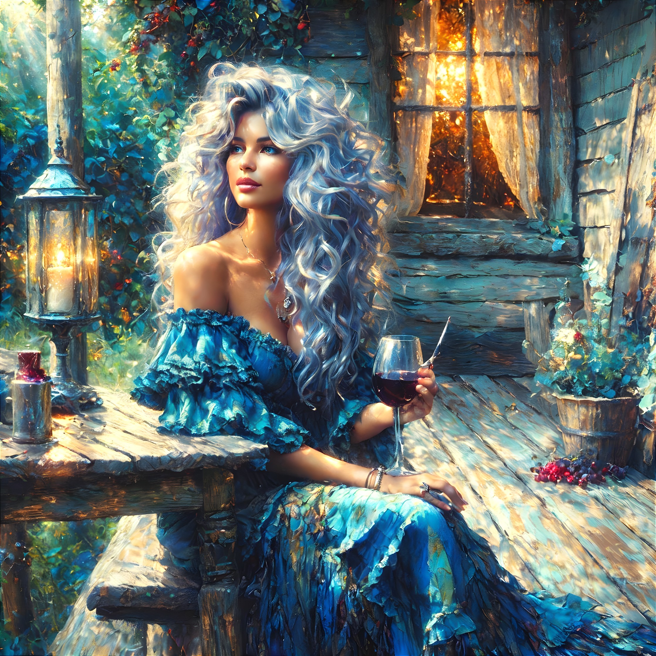Woman with Silver Hair on Rustic Porch with Wine